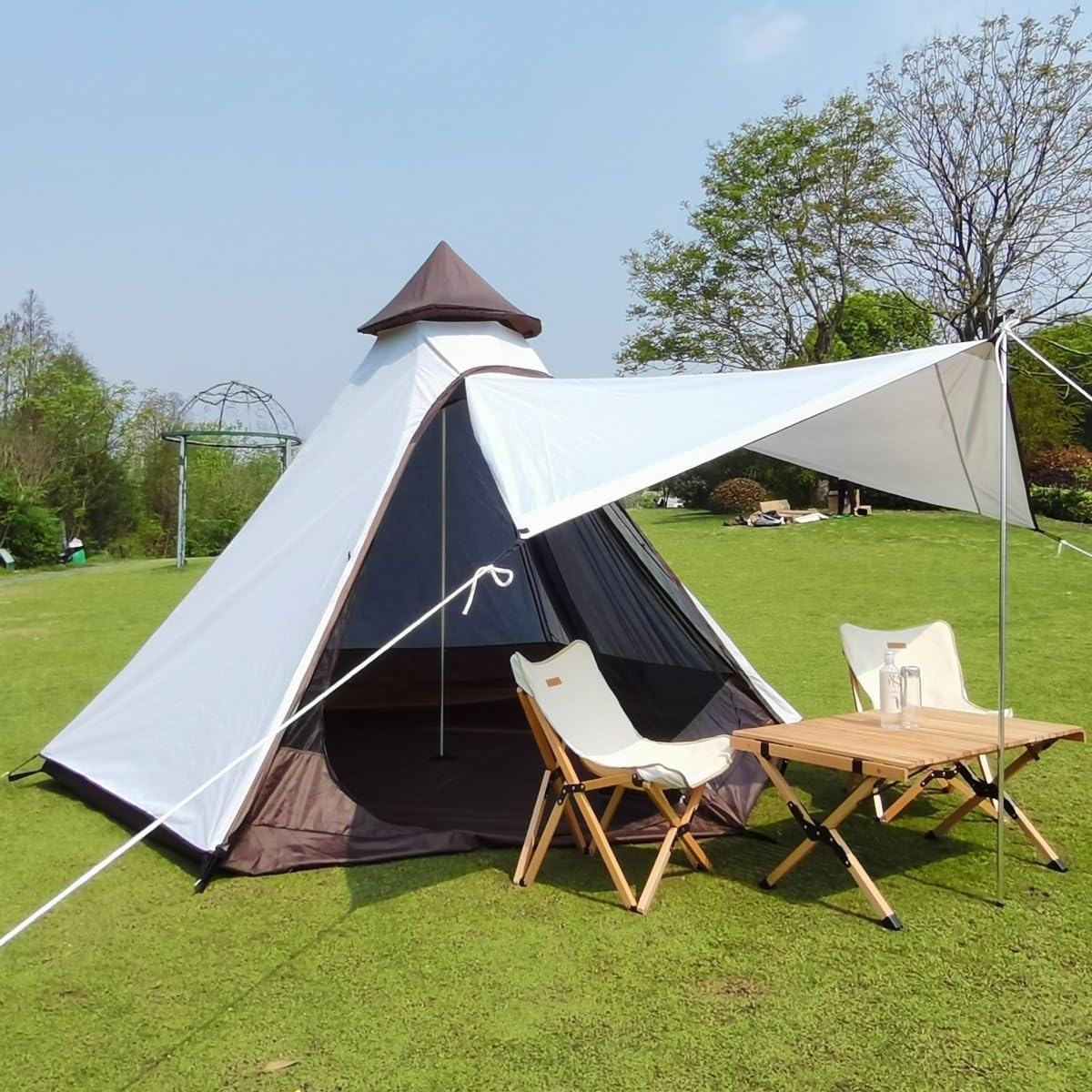 Latourreg Outdoor 4 Season Double Layers 12FTx10FTx8FT Yurt Tent Camping Teepee Tent Waterproof Adult Tipi Tents for Family Camping with 3-4 Person. (White Camping Tipi Tent, 12FTX10FT)