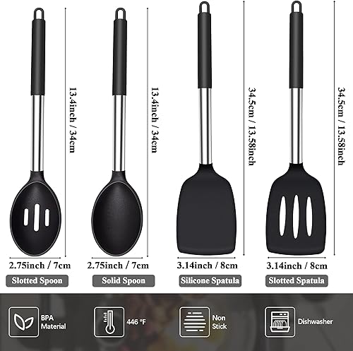 Miniatura 5 de Juego de 4 cucharas ranuradas para pasta de silicona resistente al calor, para utensilios de cocina antiadherentes, espátulas ranuradas de silicona