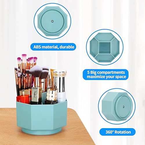 Miniatura 6 de LETURE Organizador de escritorio, soporte para lápices giratorio de 360 grados, 5 compartimentos, organizador de escritorio estacionario, caja de