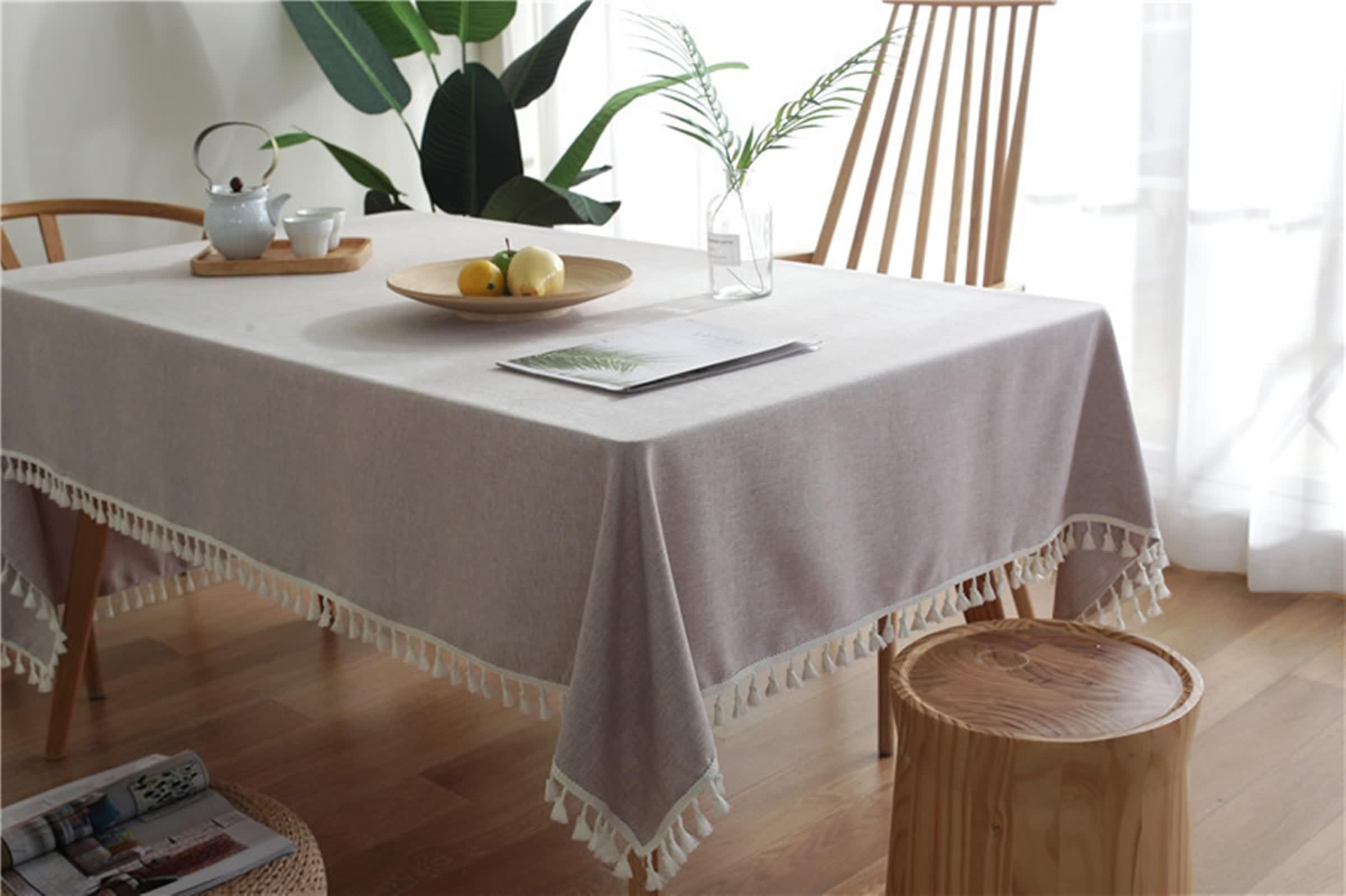 Tovaglia Beige Rettangolare Elegante, Tovaglia Cucina 120X160 Poliestere Tinta Unita con Nappa Tovaglia Tavolo per Compleanno Festa Matrimonio