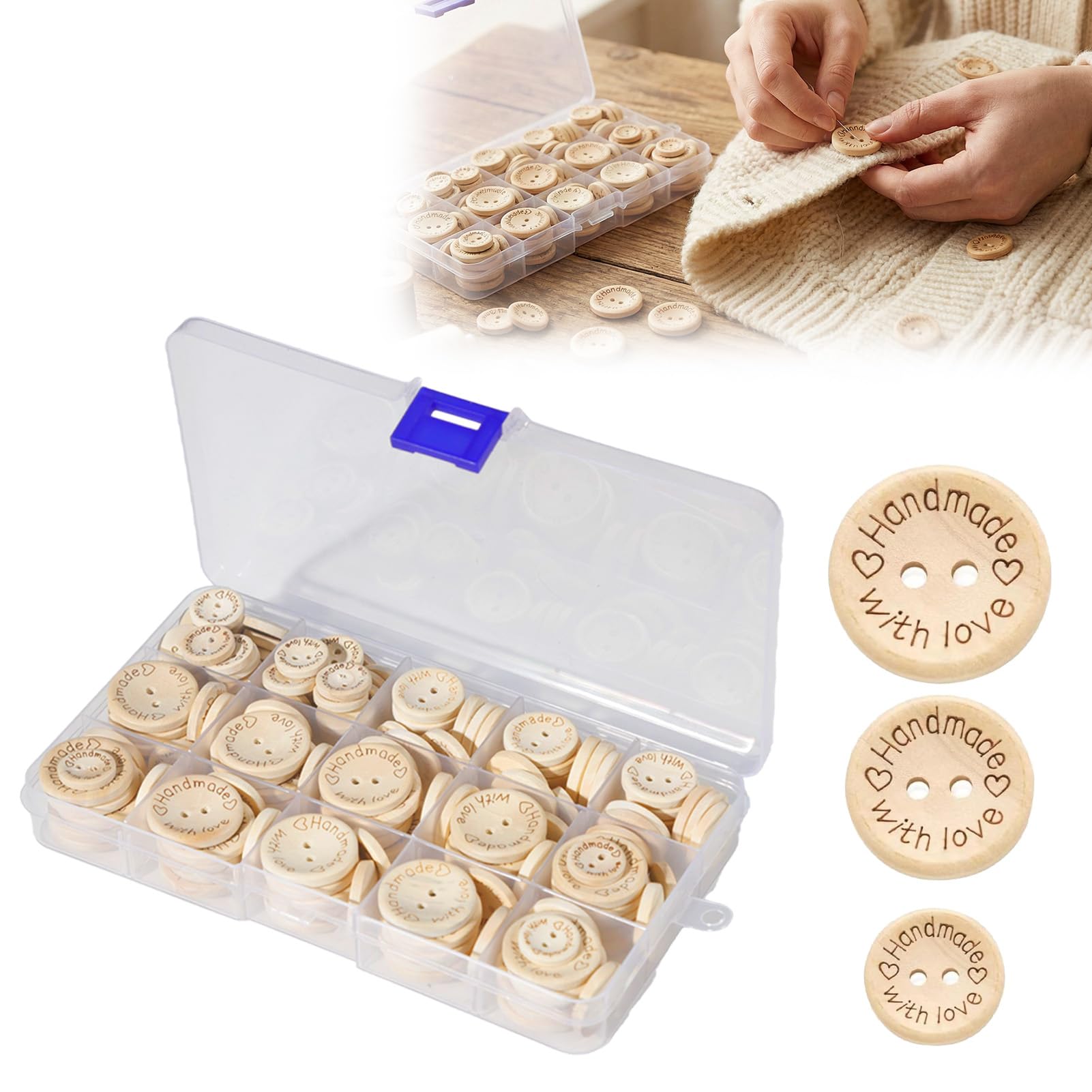 150 Pcs Wooden Buttons for Cardigans, Natural Baby Buttons for Knitting Baby Clothes, Wooden Handmade Buttons with Love for DIY Craft Sewing Decorations (15mm 20mm 25mm)