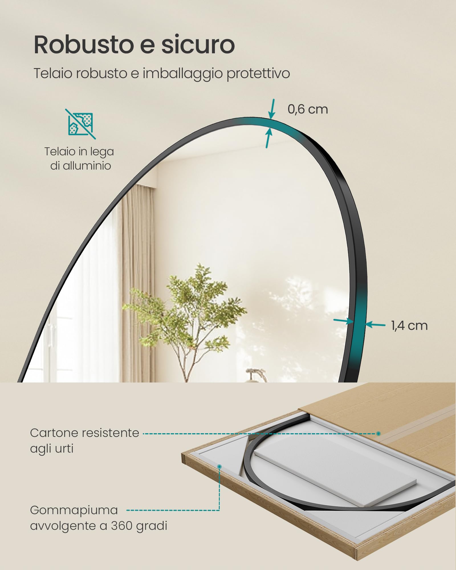 SONGMICS Specchio a Figura Intera, 150 x 40 cm, Specchio da Terra ad Arco con Supporto, Cornice in Lega di Alluminio, Vetro Temperato, Camera da Letto Soggiorno, Nero Inchiostro LFM055BD01