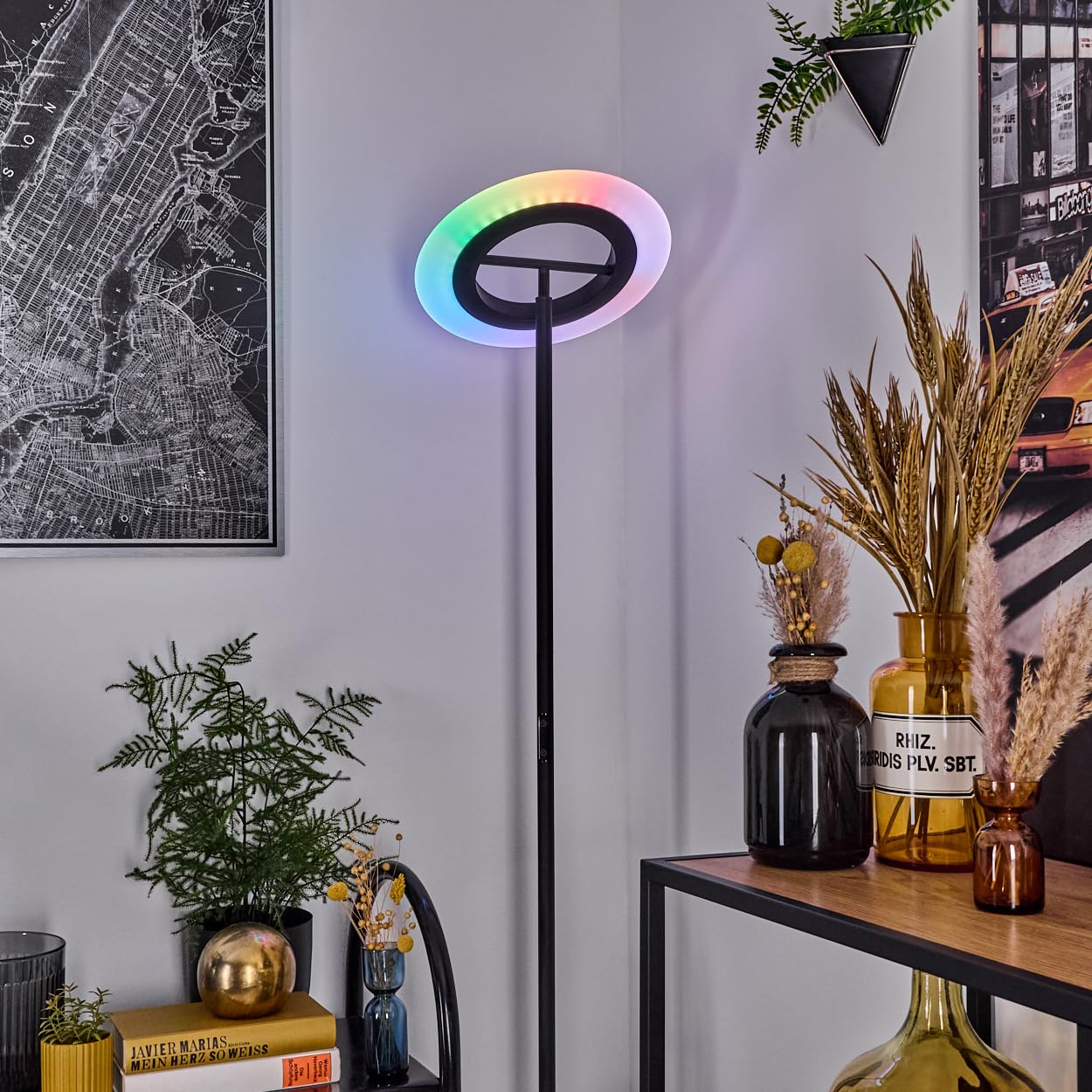 Lampa stojąca LED HOFSTEIN Byrum, możliwość ściemniania, wykonana z metalu/szkła w kolorze czarny/biały, verstellbar, nowoczesny design, ściemniacz dotykowy, CCT, 186,5 cm, salon, sypialnia, jadalnia