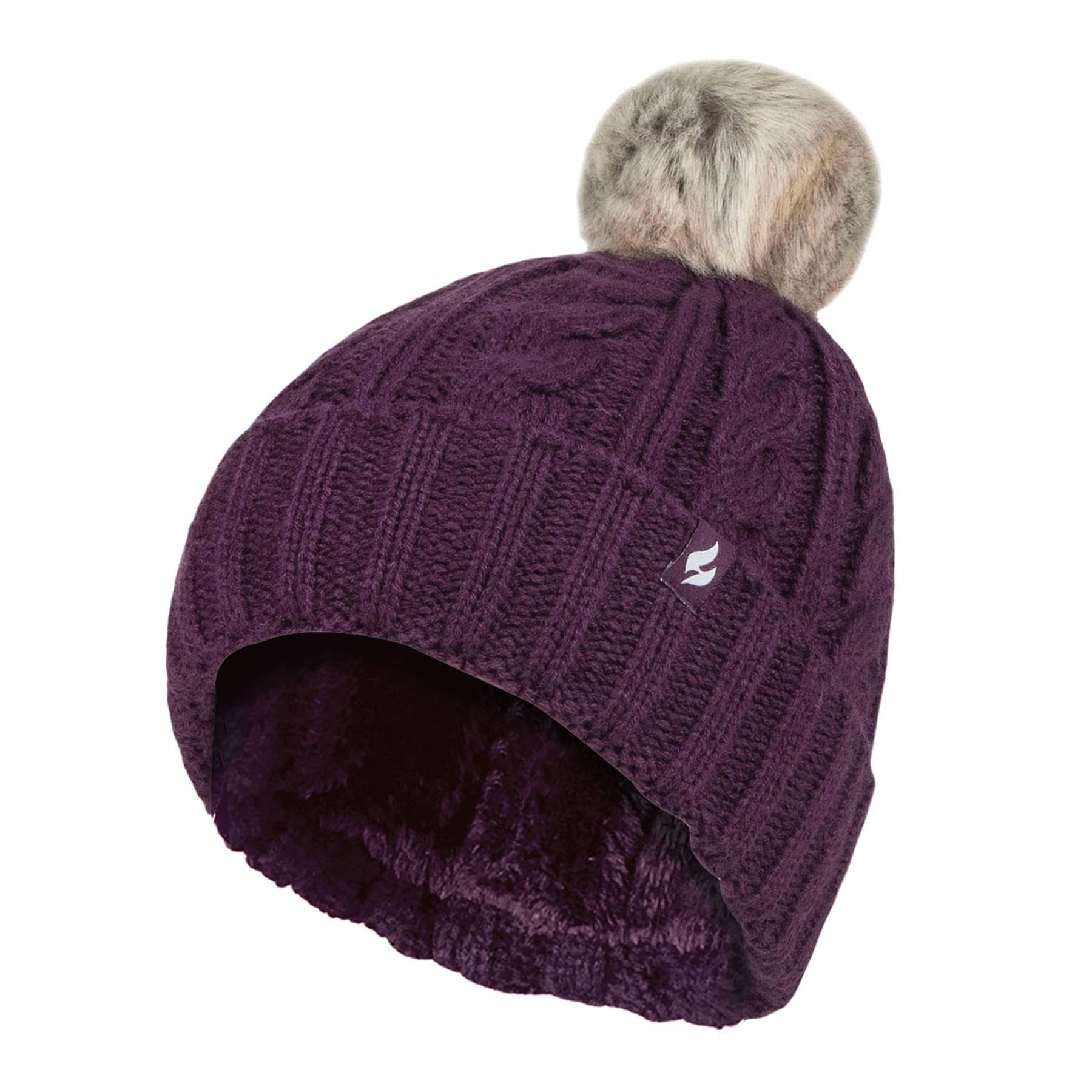 Heat Holders Women's Purple - Warm Knit Fleece Lined Cuffed Thermal Winter Bobble Hat With Pom Pom (One Size, )