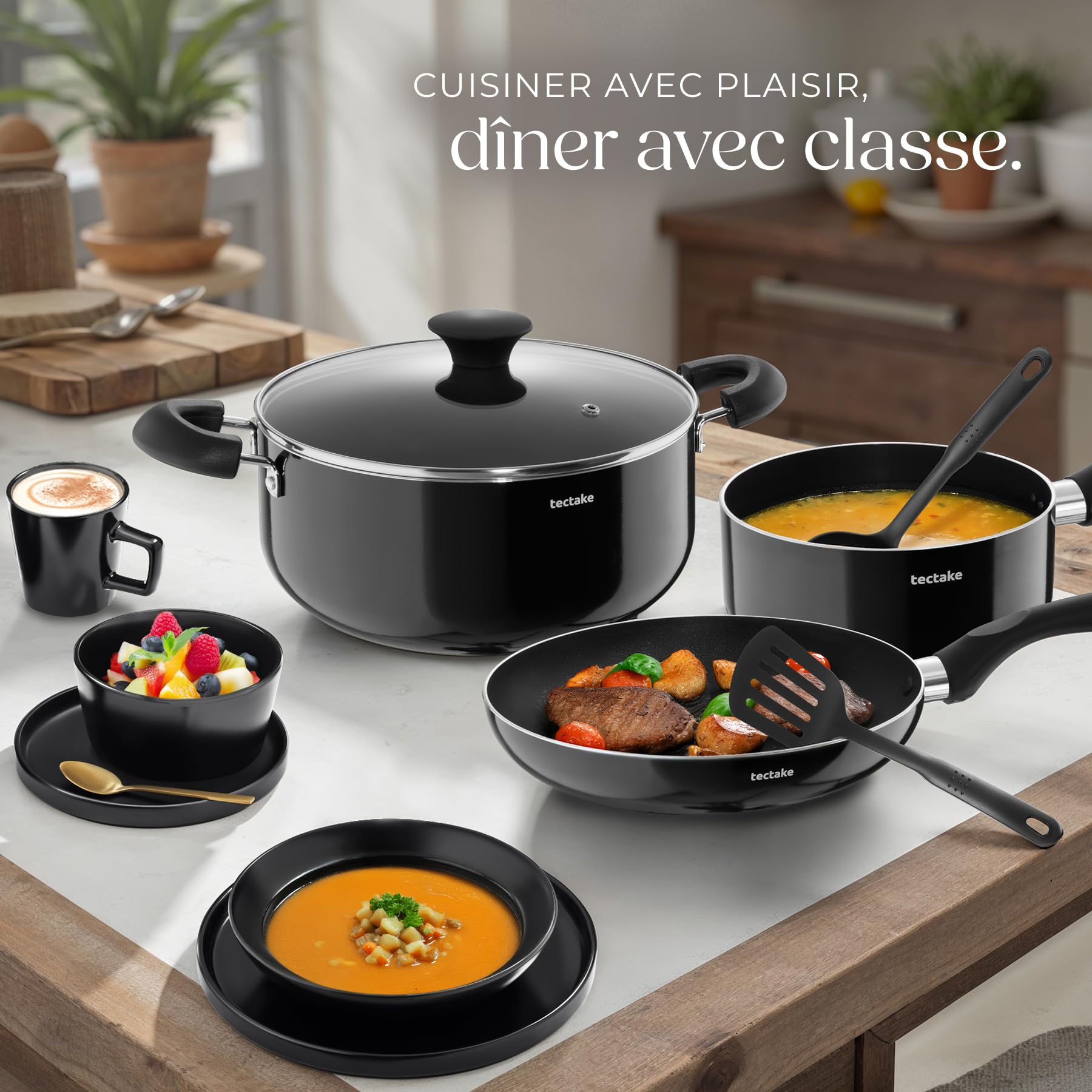 tectake® Set de cuisine 45 pièces, Service de table 6 personnes et Batterie de cuisine, Poêles, Casseroles, Assiettes plates, Assiettes creuses, Bols, Tasses, Louche, Spatule, Vaisselle en grès