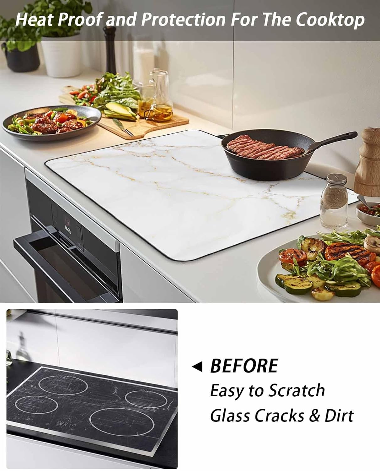 Stove Top Cover White Marble Texture Stove Cover for Electric Stove Top Abstract Ink Golden Cracked Glass Cooktop Covers Anti-Slip Mat Heat Resistant Countertop Protector Kitchen Decor 28.5"x20.5"