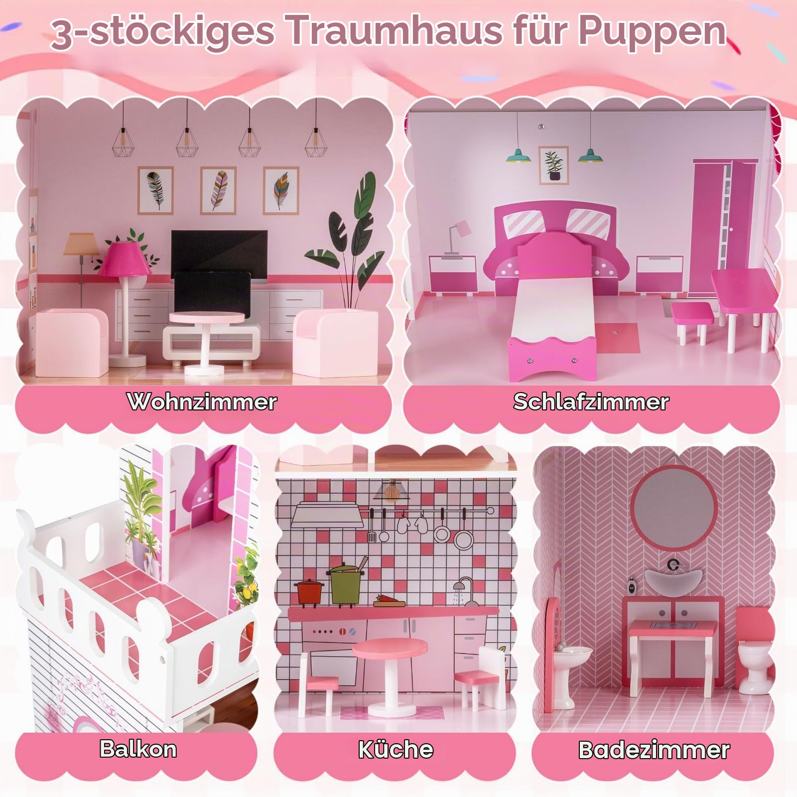FANTASK Holz Puppenhaus 120,5 cm Hoch, Puppenvilla mit 3 Etagen & 17 Möbelstücken, Spielhaus für Mädchen und Jungen ab 2 Jahren, 73 x 34 x 120,5 cm (Rosa)