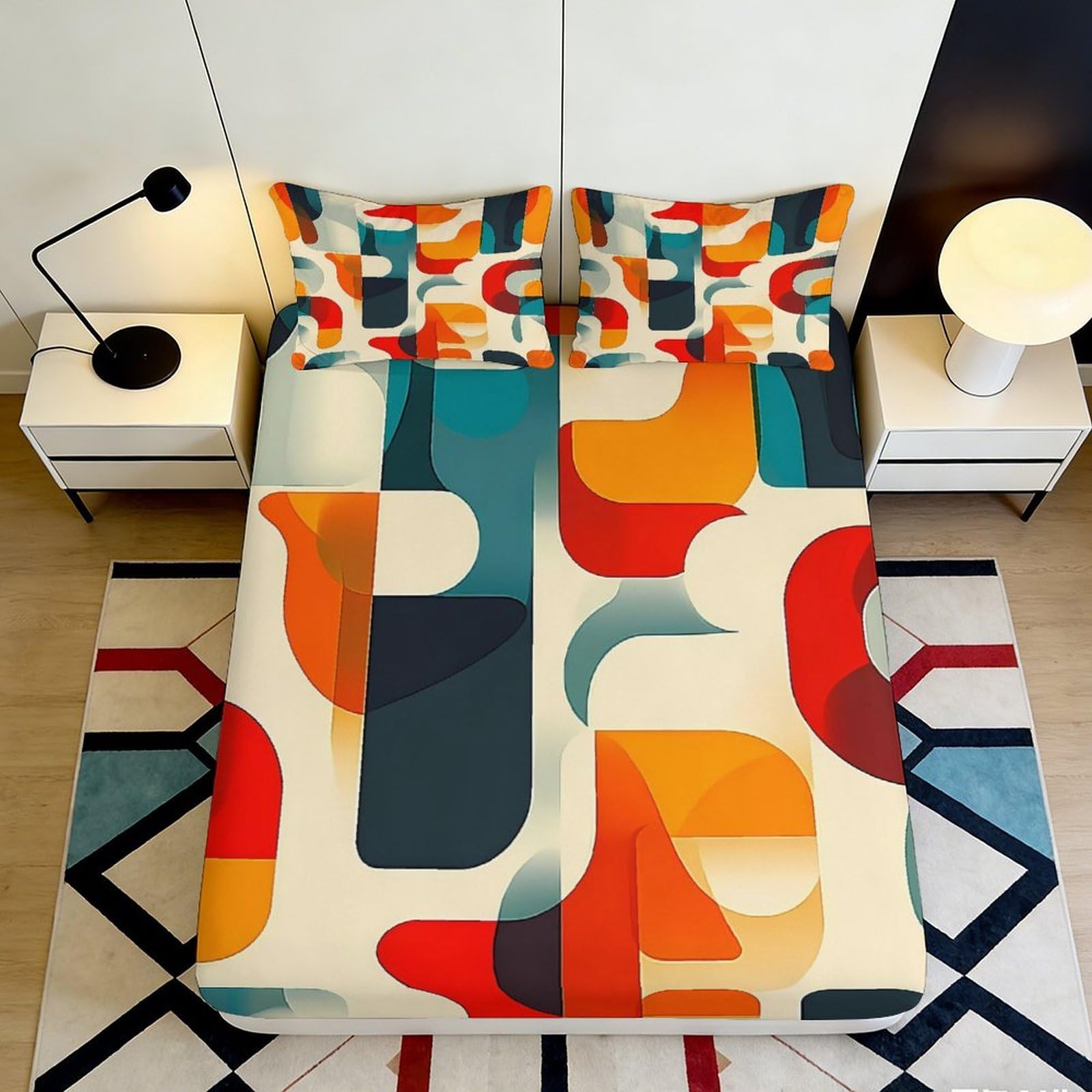 3D Printed Geometric Abstract Fitted Sheet Microfiber Soft Colorful Shapes Bed Sheet for Bedroom Guest Room 90x200x25cm