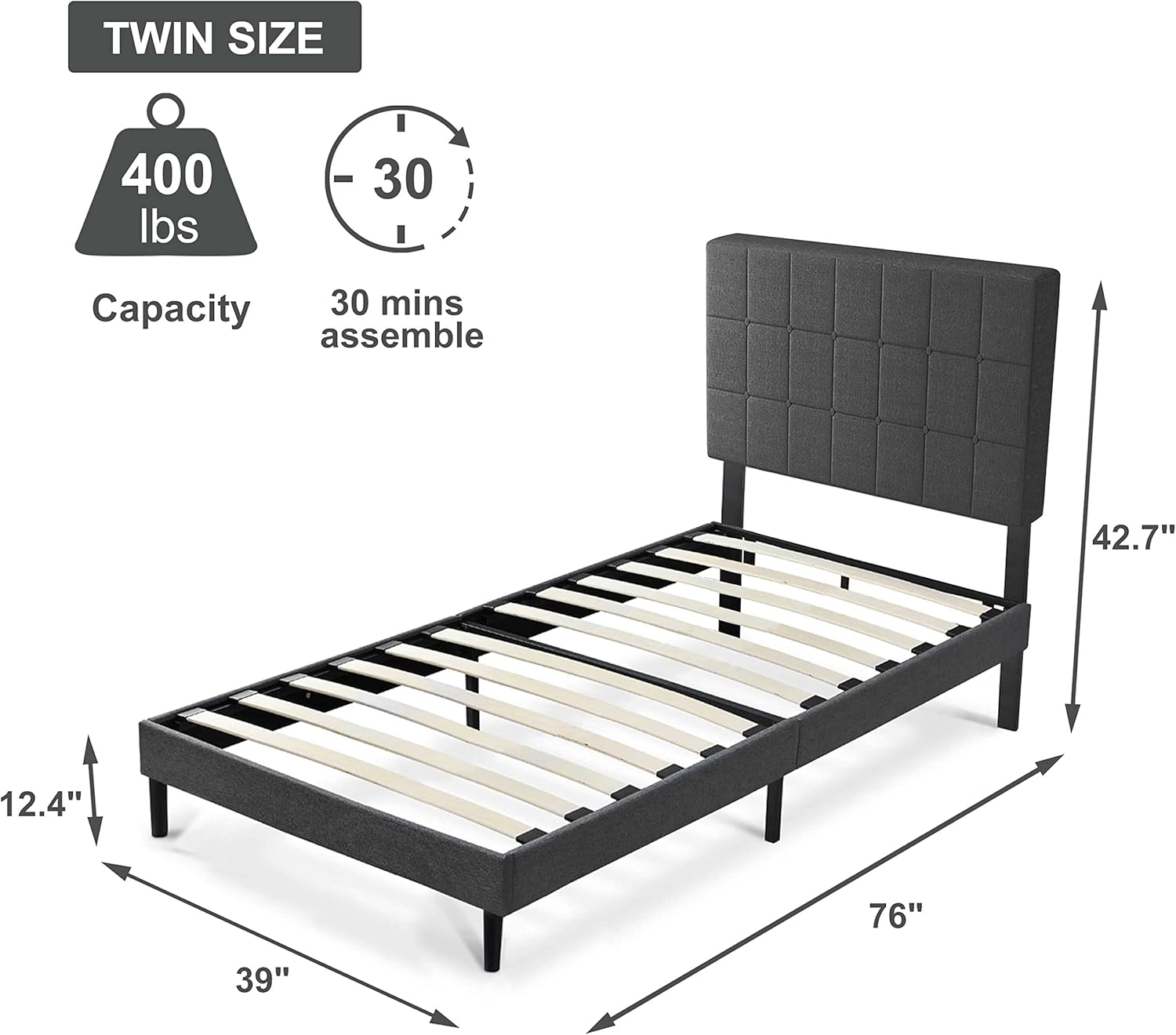 Buy S SECRETLAND Twin Bed with Upholstered Headboard, Platform Bed