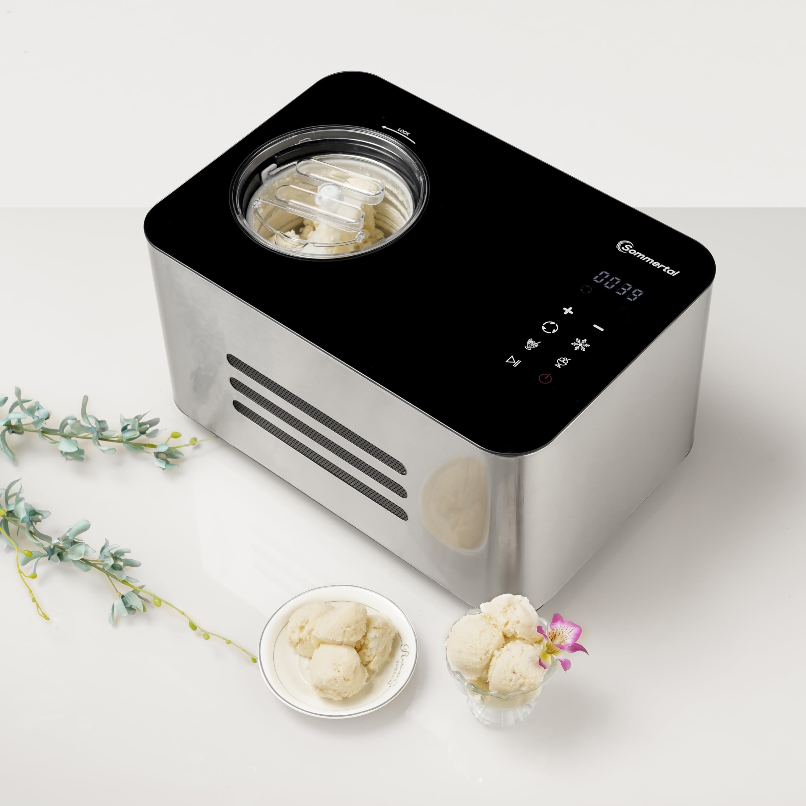 Sommertal ICE1500, Eismaschine mit Kompressor bis -36 °C, 1,5 L Edelstahl, Touchdisplay, 150 W stromsparend, für Sorbet, Milch-Eis und Frozenjoghurt, inkl. Portionierer, BPA-frei