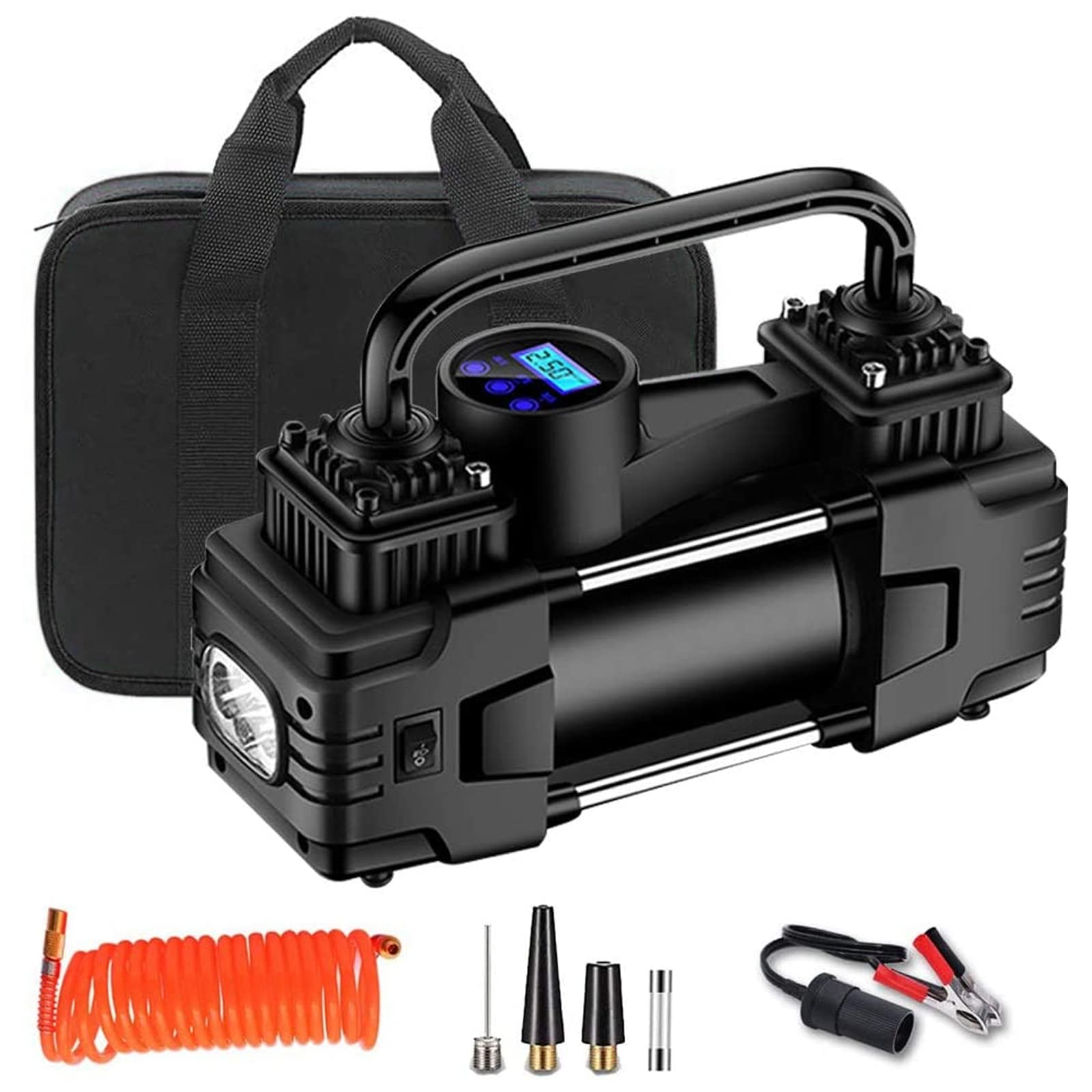 BURDEAN Portable Air Compressor Heavy Duty Double Cylinders, Tire Inflator Pump 150PSI 12V Air Pump with LED Light, Battery Clamp, Carrying Bag for Car, SUV, Truck Tires etc