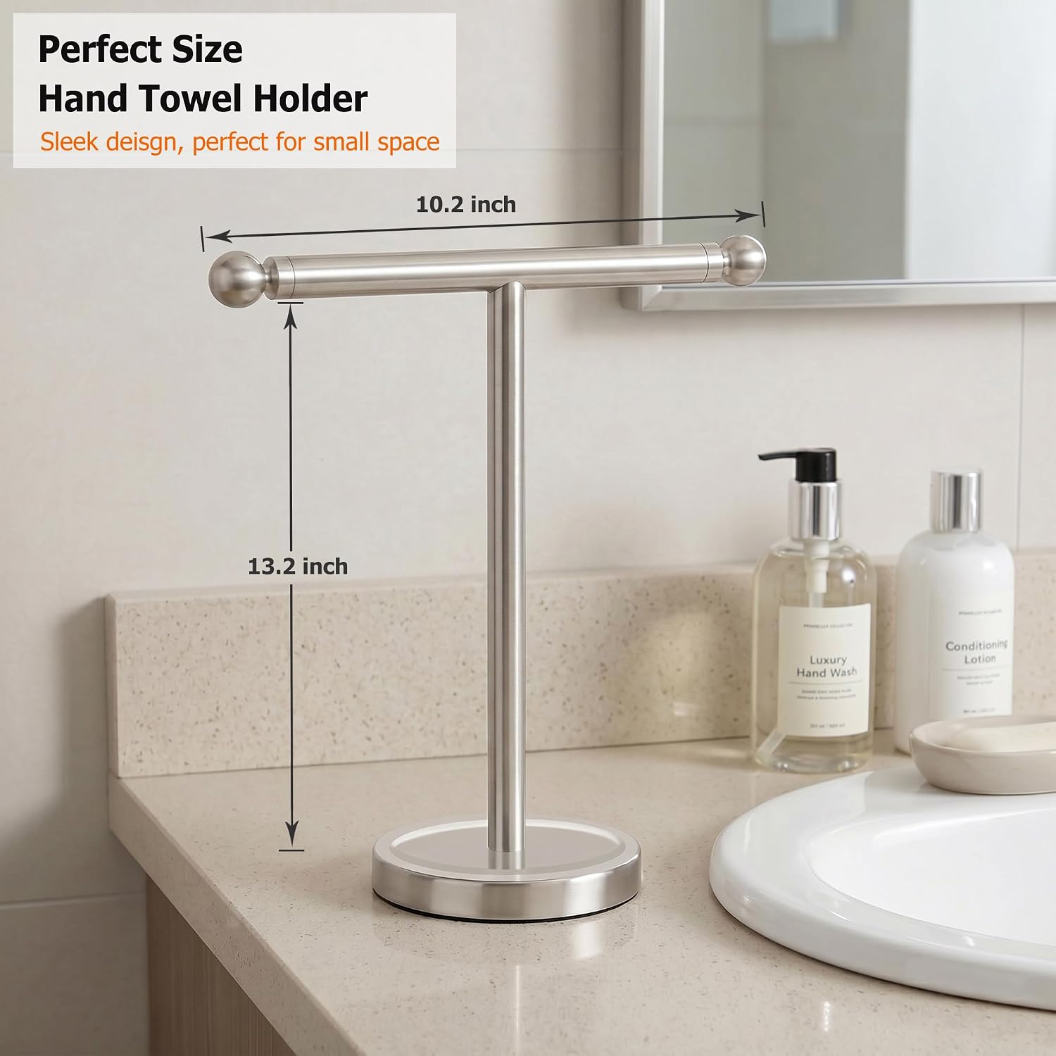 Hand Towel Holder Standing, T-Shape Towel Rack with Heavy Base, Regular Sized Hand Towel for Bath (Brushed Nickel, Stainless Steel)