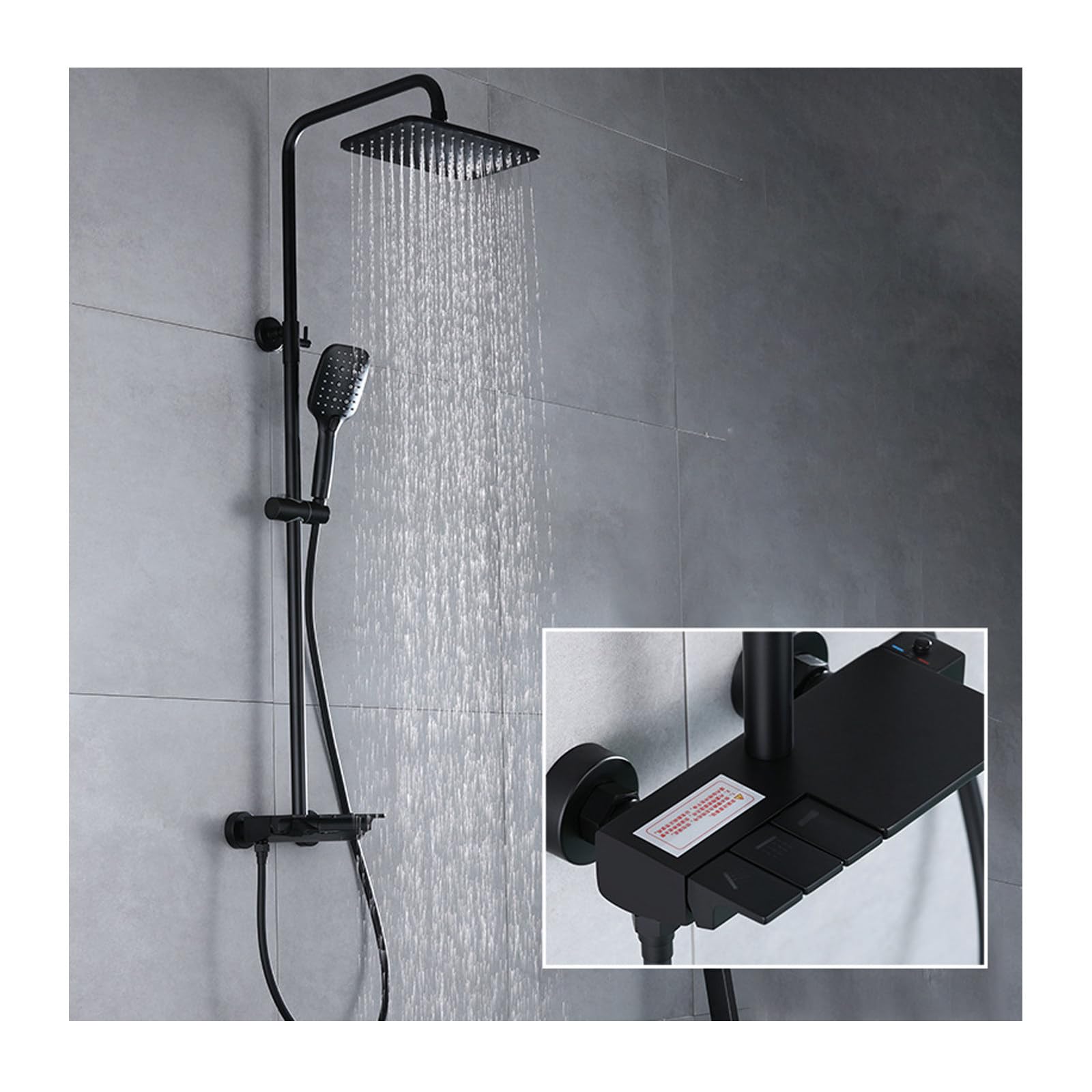Colonne de douche noire avec mitigeur cascade et effet de pluie