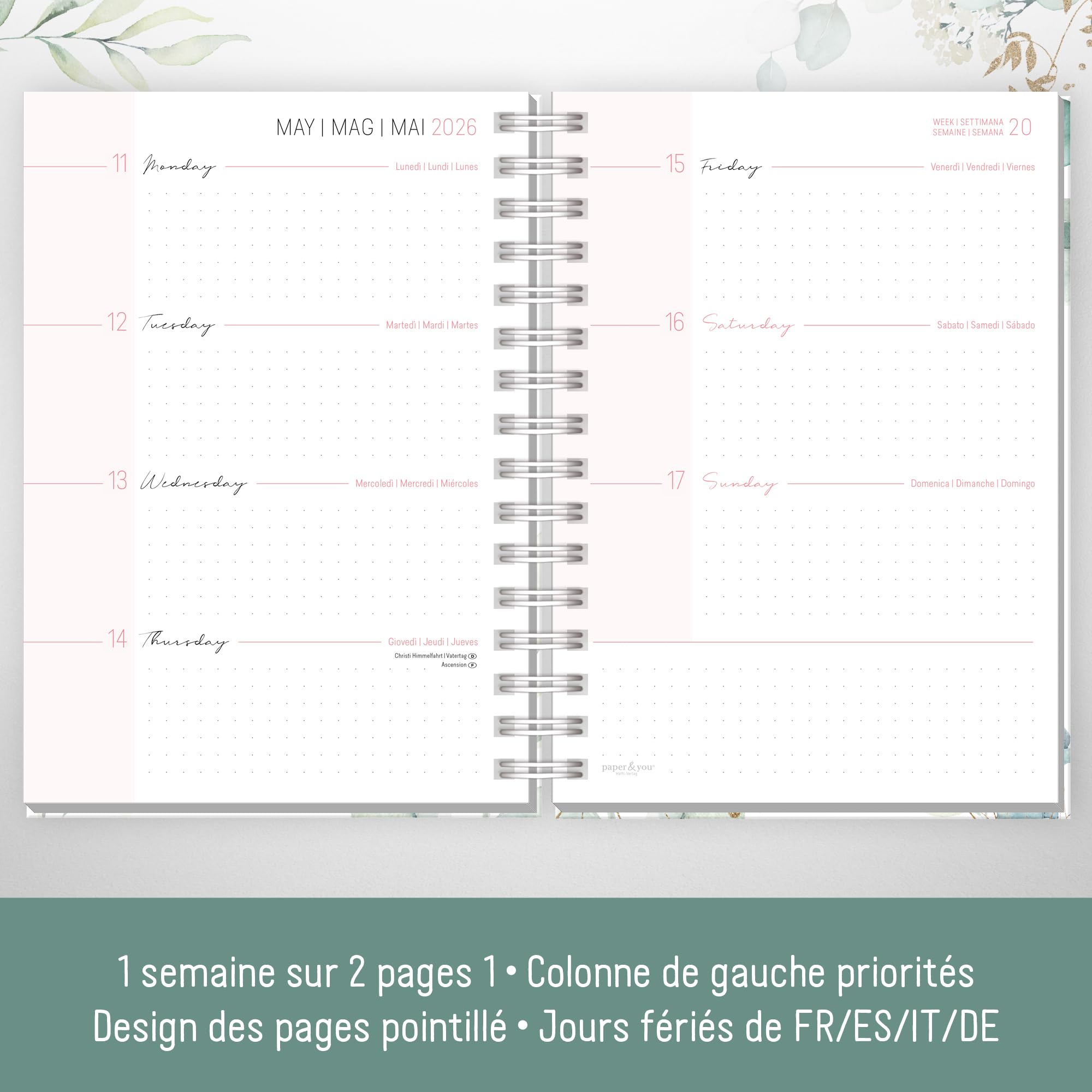 Häfft® Calendrier international 2026 A5 Feuille d´or reliure spirale EN/FR/IT/ES agenda personnel life planner durable