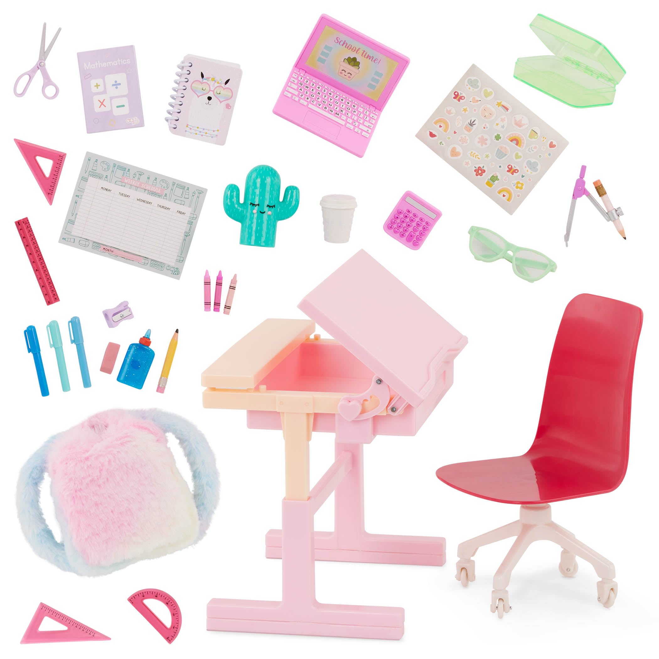 Our Generation - Rêves d'école - Ensemble de Bureau inclinable - Sac d'école, Lampe Lumineuse et Fournitures - Accessoires pour poupées de 46 cm - Jouer à Faire Semblant - 3 Ans et +