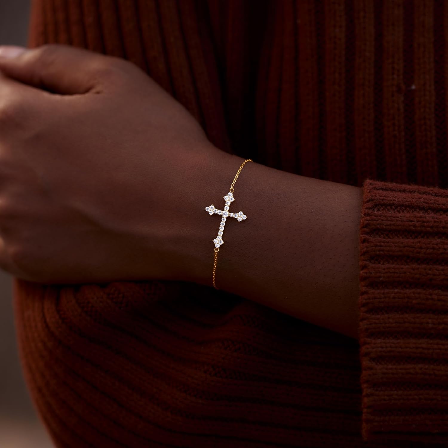 STORYJEWELLERY Sterling Silver Cross Bracelet for Women, Dainty Cubic Zirconia Religious Bracelet, 18K Gold Plated Charm Bracelet for Women, Christian Jewelry, Baptism Gifts, Confirmation Gifts - Image 5