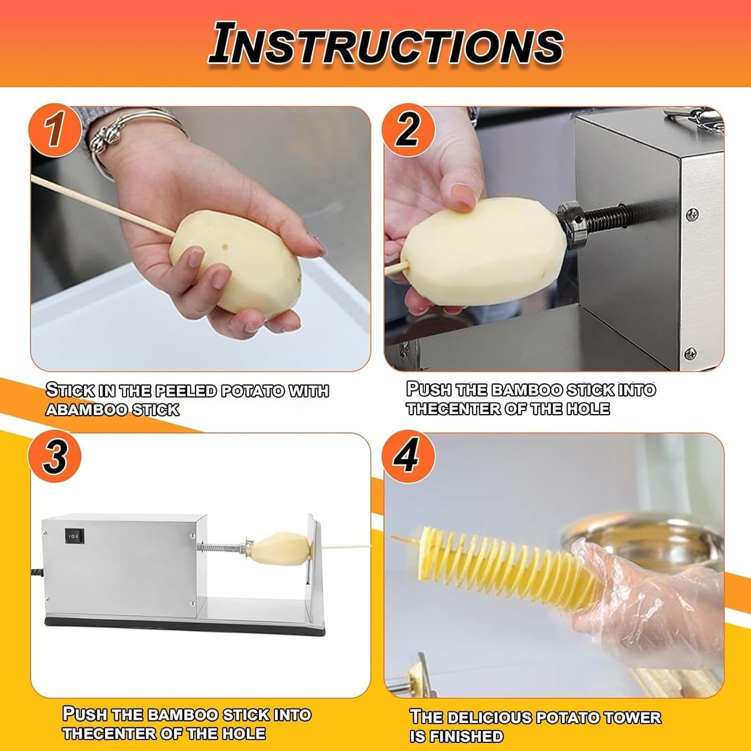 Electric Potato Spiral Slicer, Tornado Potato Slicer, Stainless Steel Spiral Potato Cutter, 2.5-3mm Uniform Rotating Slices, 3-Speed Control Switch, for Potatoes, Cucumber, Carrots