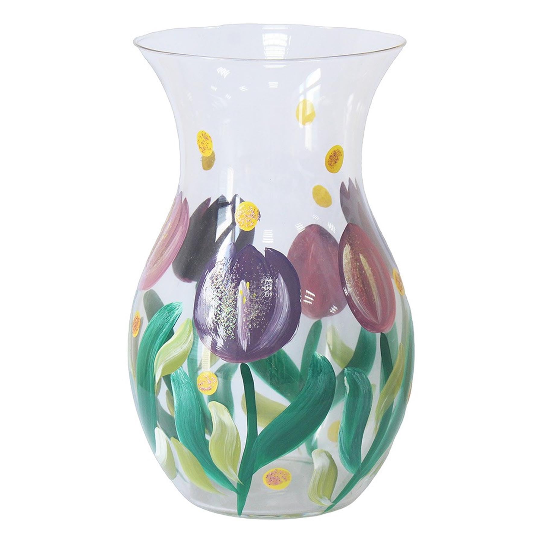Floral Glass Vase For Home or Office. Beautiful Flower Vase with Lynsey Johnstone design in matching Gift Box (Purple Tulips 8687)