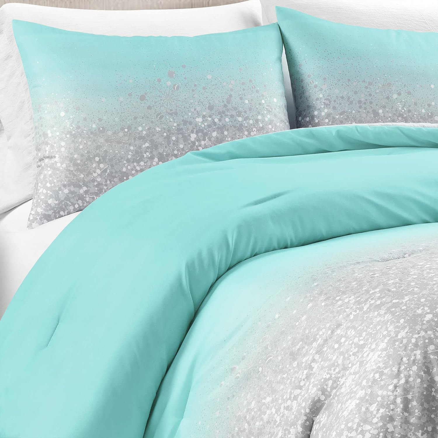 Lush Decor Glitter Ombre Metallic Print 5 Piece Quilt Set, Full/Queen, Aqua & Gray