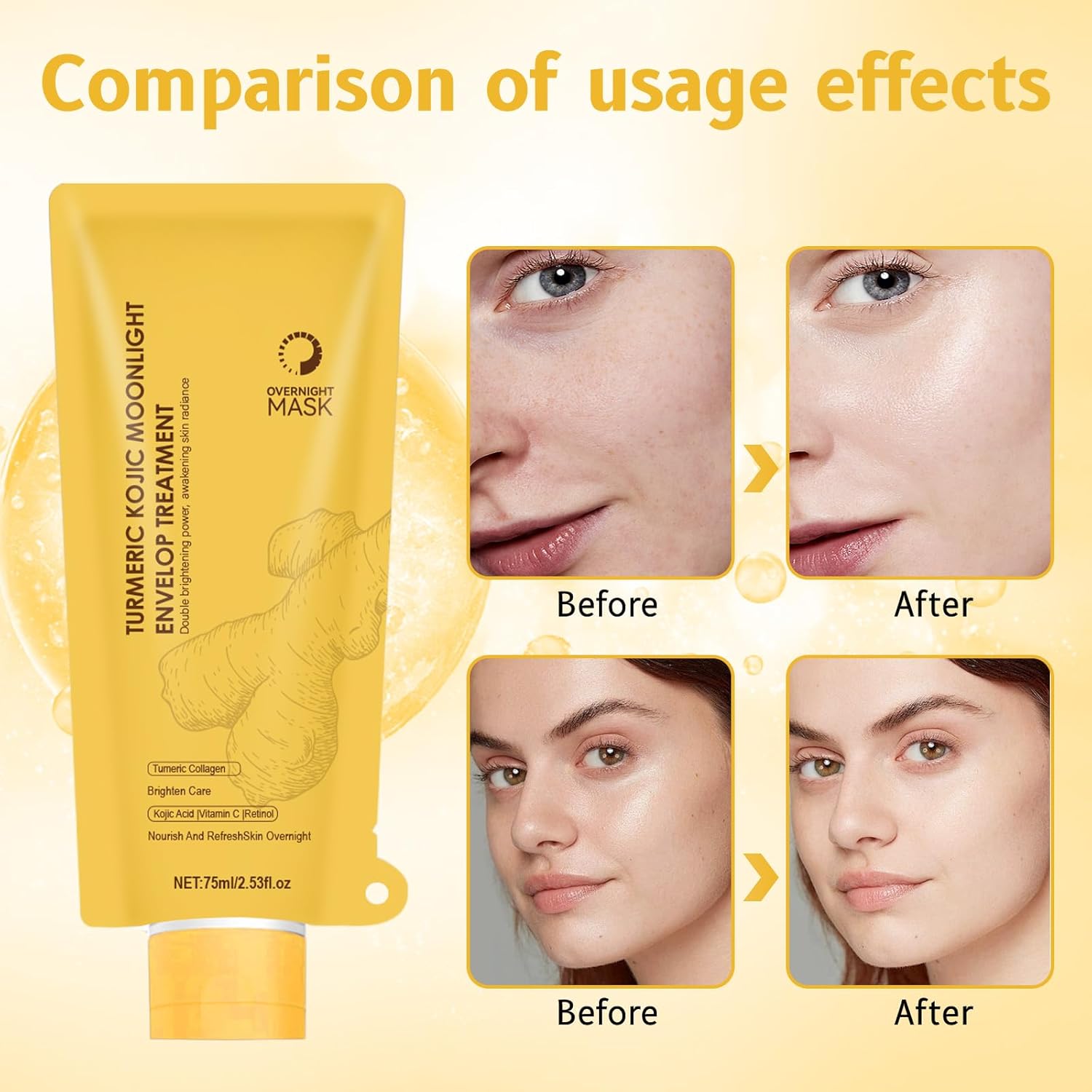 Turmeric Kojic Acid Overnight Mask - With Brush for Easy Application, Nourishes & Revitalizes Skin Overnight, Convenient Packaging - 75ml (1PC) - Image 2