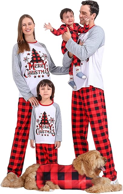 Christmas Matching Pajama Set for Couples Dog Owner Xmas Tree Holiday Pjs Red Buffalo Plaid Sleepwear Long Sleeve Jammies Clothes