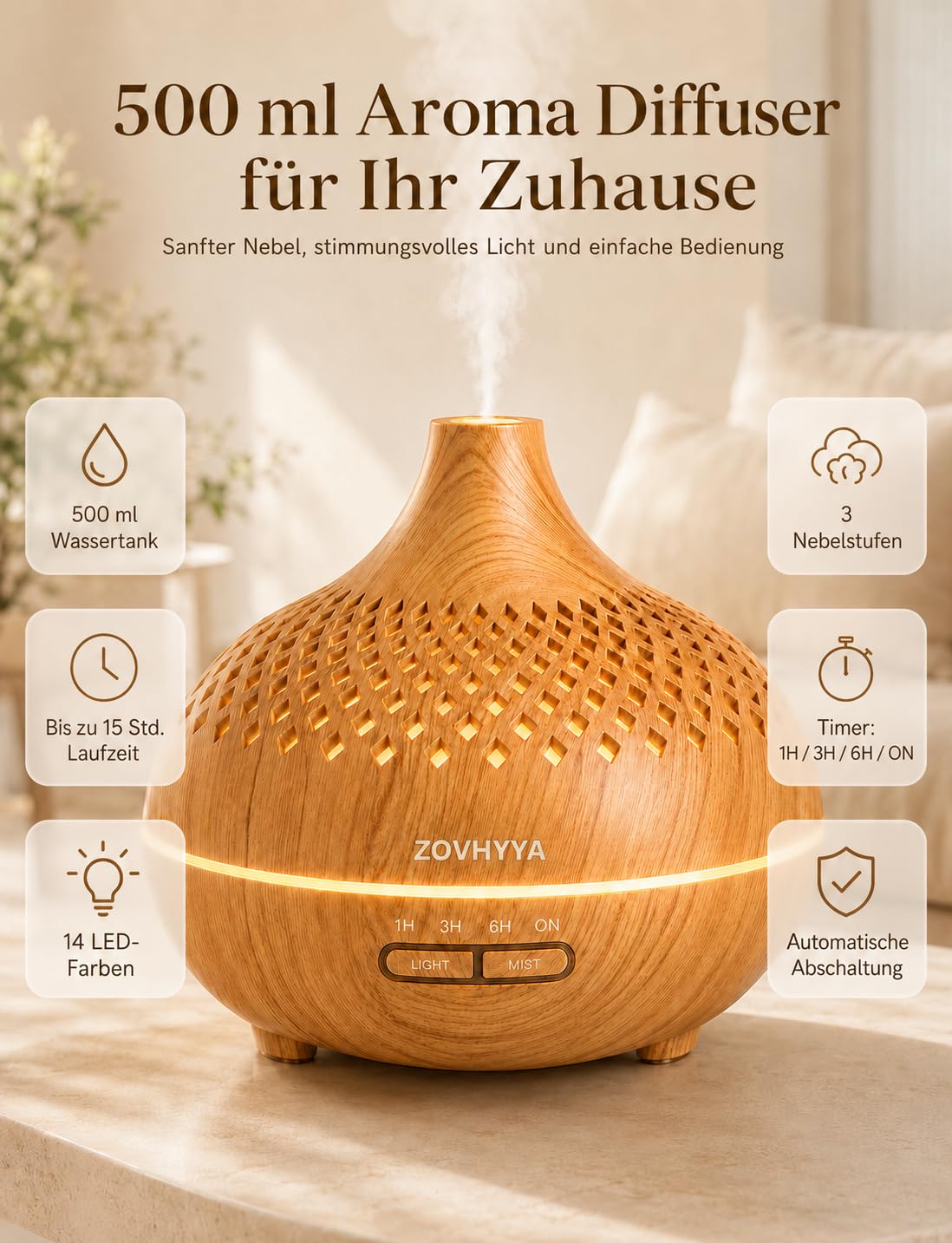 500ML Aroma Diffuser für Ätherische Öle Aromatherapie-Diffuser mit 8 Ölen, Fernbedienung, 4 Timer, 14 Farben und 2 Sprühmodi(Goldgelb)