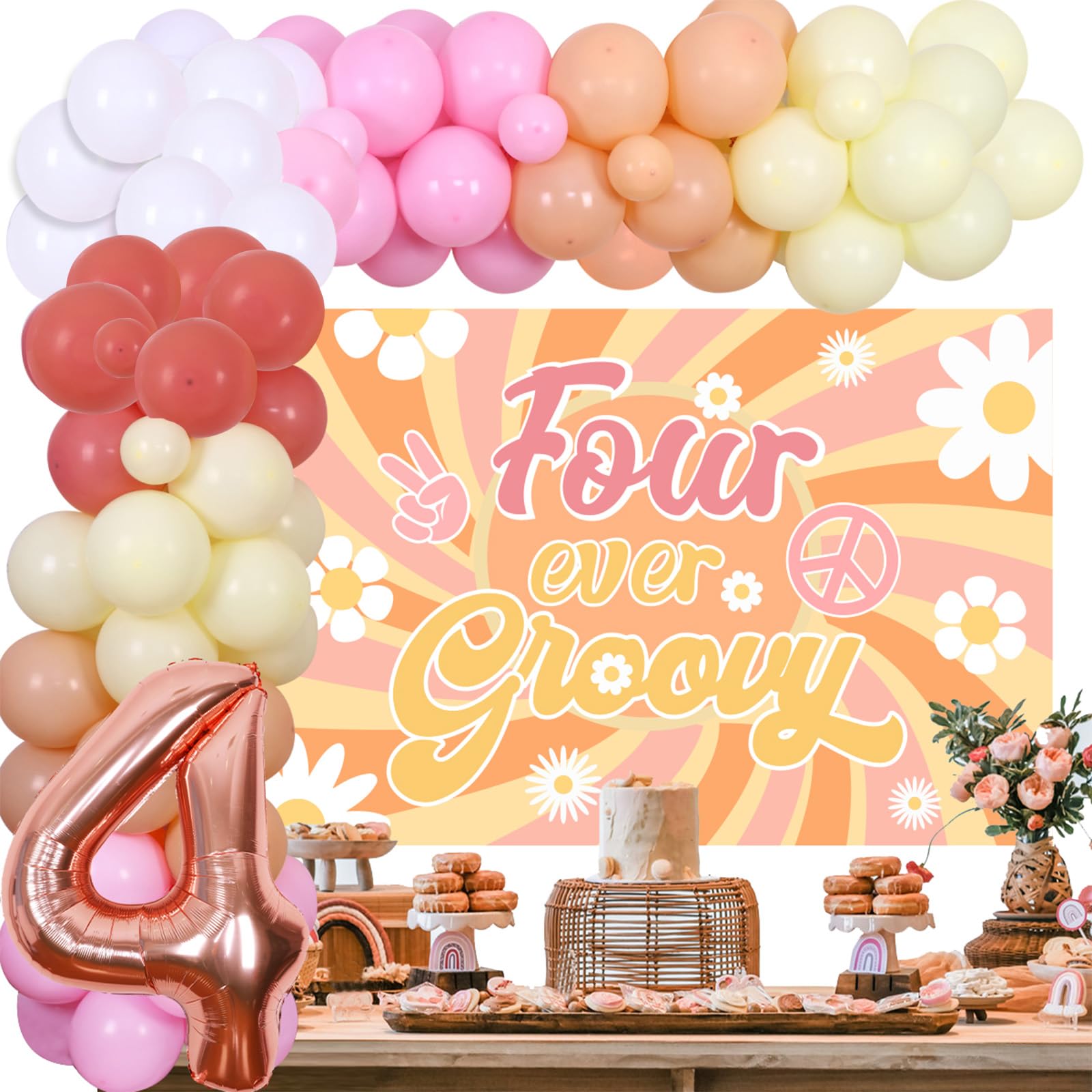 Retro Four Ever Groovy Floral 4th Birthday Invitation