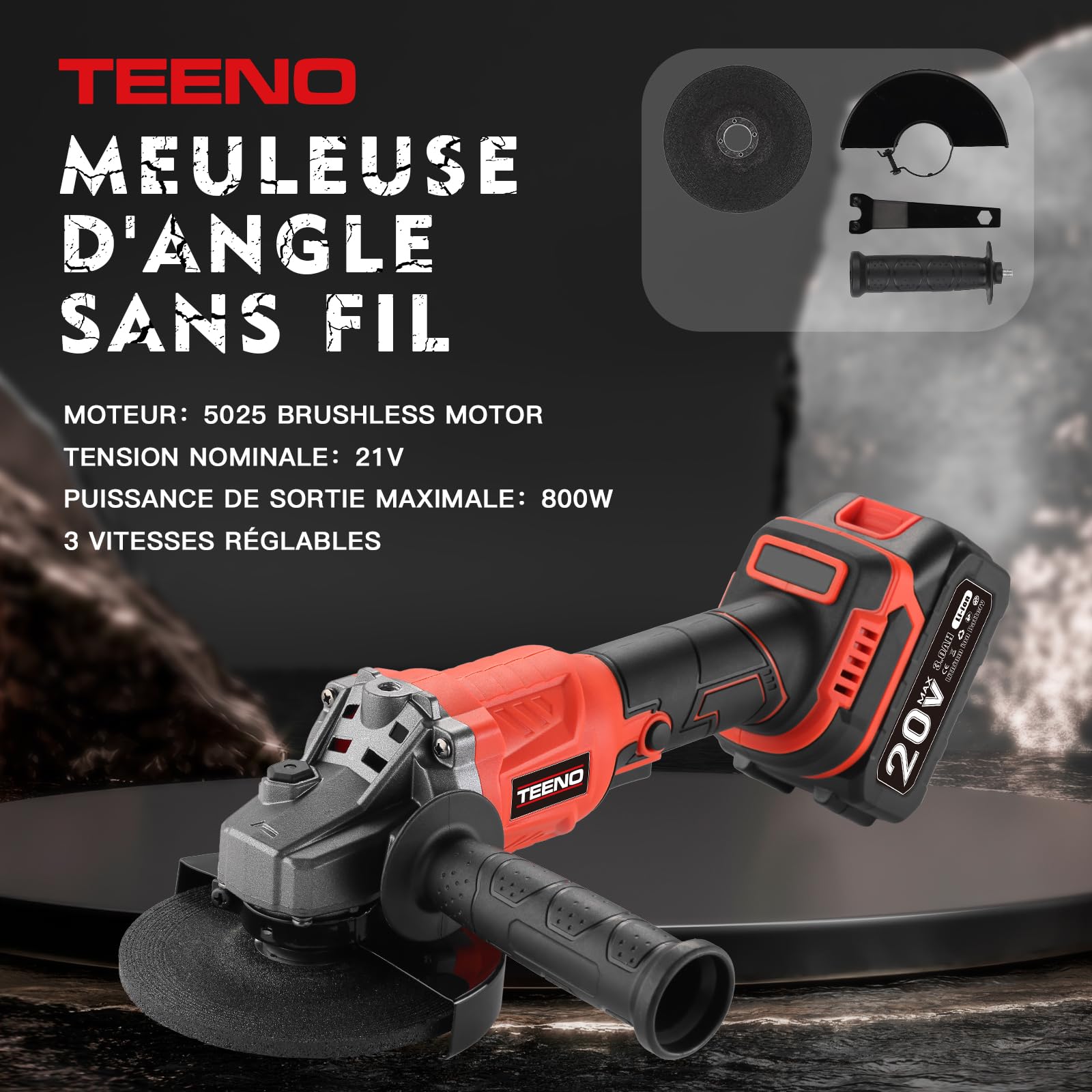Kit d'outils TEENO 3 pièces (meuleuse d'angle sans balais + clé sans balais + perceuse à percussion) Batterie 20 volts 3 Ah*2, convient pour la voiture et la maison