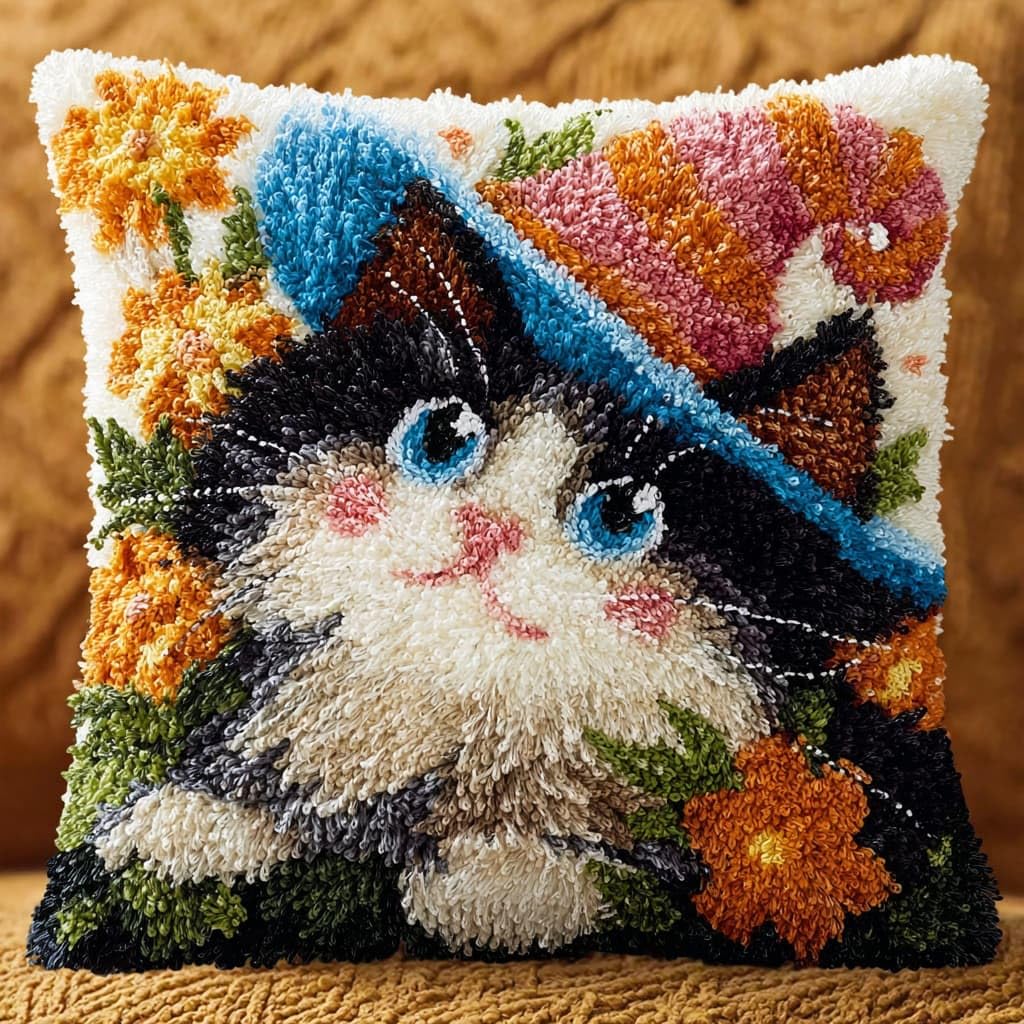 Henypt Latch Hook Kits-E Diy Latch Hook Pillow Kits, Cats And Flowers