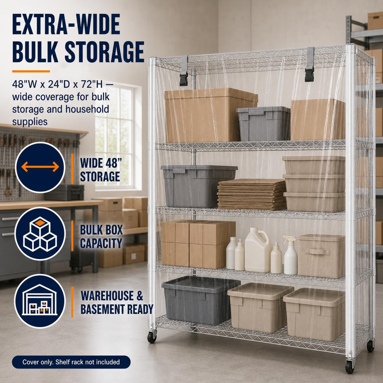 Wire Shelving Cover 48" x 24" x 72" Clear PVC Dustproof Storage Rack Cover | Front Zippers, Roll-Up Panel, Hook & Loop Fixing, Silver Trim, Easy Access, Garage, Pantry Storage
