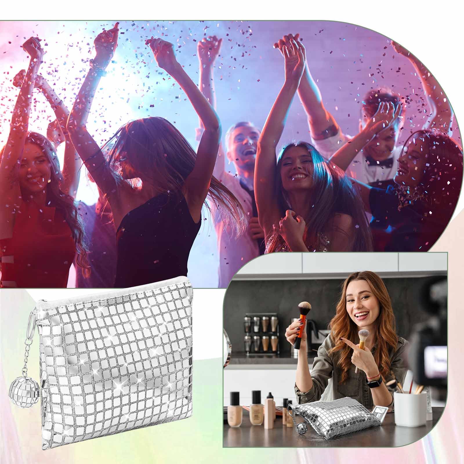 12 Stück Disco-Partytüten für Junggesellinnenabschiede, glitzernde Make-up-Pailletten-Tasche, tragbare Glitzer-Kosmetiktasche mit Disco-Schlüsselanhänger, für Junggesellinnenabschied, Hochzeit