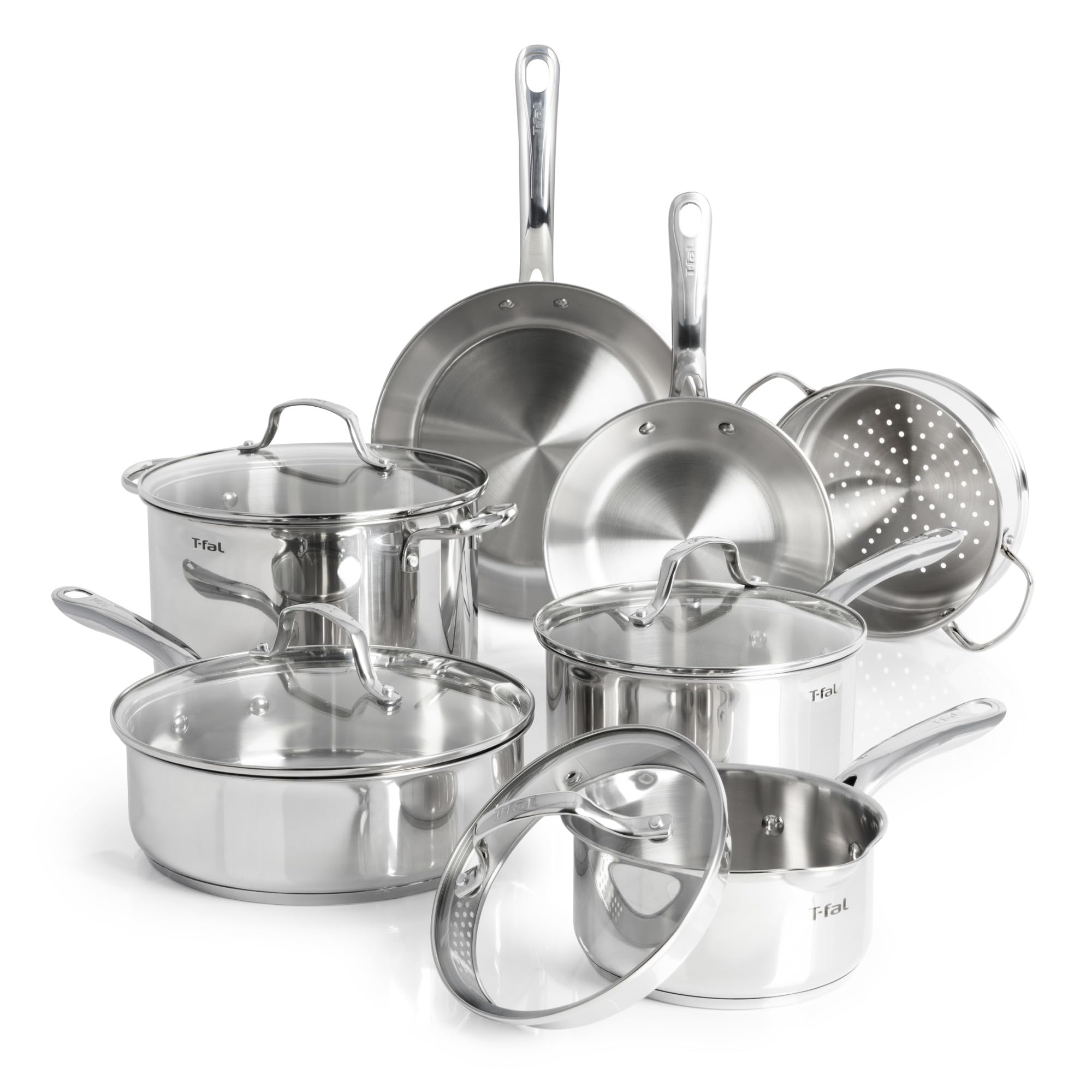 T-fal Stainless Steel Cookware Set 11 Piece, Induction, Oven Broiler Safe 500F, Kitchen Cooking Set w/Fry Pans, Saucepans, Saute Pan, Dutch Oven, Steamer, Pots and Pans, Dishwasher Safe, Silver