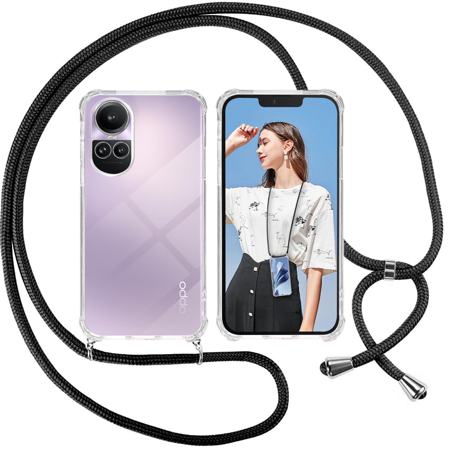 Custodia Girocollo Per Oppo Reno 10 E Reno 10 Pro – Cover In Silicone TPU Trasparente Con Cordino Regolabile, Antiurto E Antigraffio, Pratica E Di Moda
