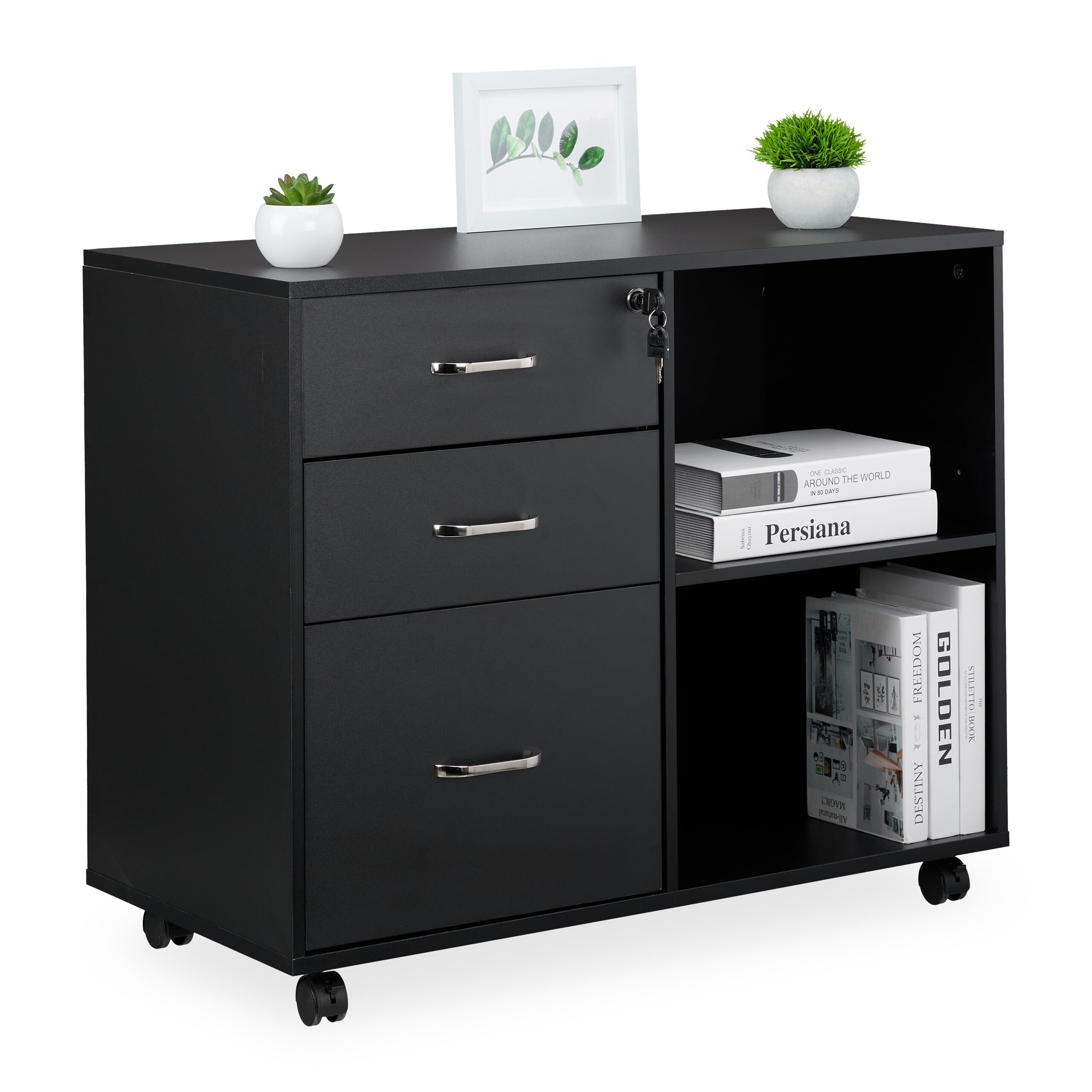 Relaxdays Caisson Mobile, 3 tiroirs, 2 Compartiments, H x l x P : 66 x 80 x 40 cm, Armoire verrouillable, Noir