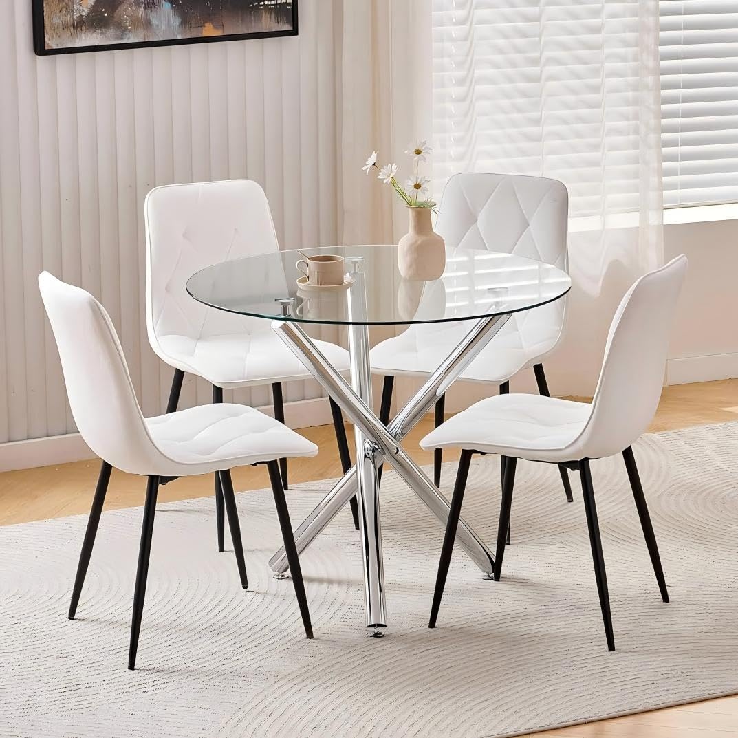 Homullel Round Dining Table and Chairs Set 4 Seater Kitchen Dining Set, 5 Pieces Table & Chairs Dinner Table Set for 4 (90cm Glass Table with 4 Chairs, Velvet Diamond White) โ image 1