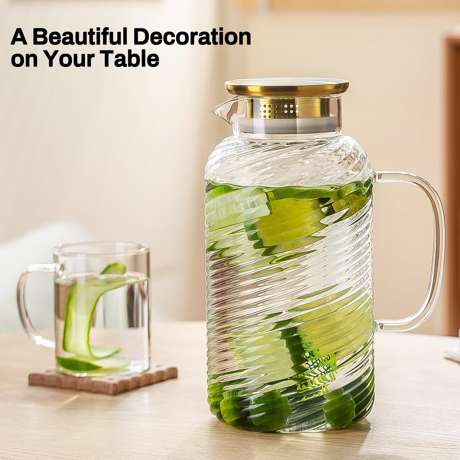 Buaic Confezione da 2 brocche in vetro con coperchio, 2 litri, motivo a spirale, caraffa per acqua in vetro per birra fredda, caffè, limonata, tè al sole freddo, bevande, latte, resistente al calore