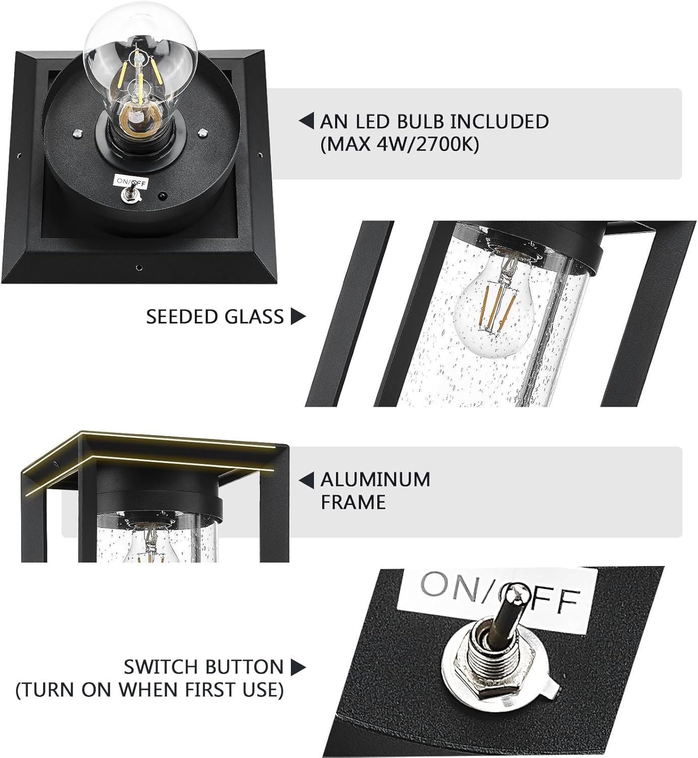 Emliviar Solar Lamp Post Light Outdoor, Dusk to Dawn Solar Column Lighting with Seeded Glass, 12 Inch Outside Pier Mount Light in Black Finish, YXE311P-SL BK