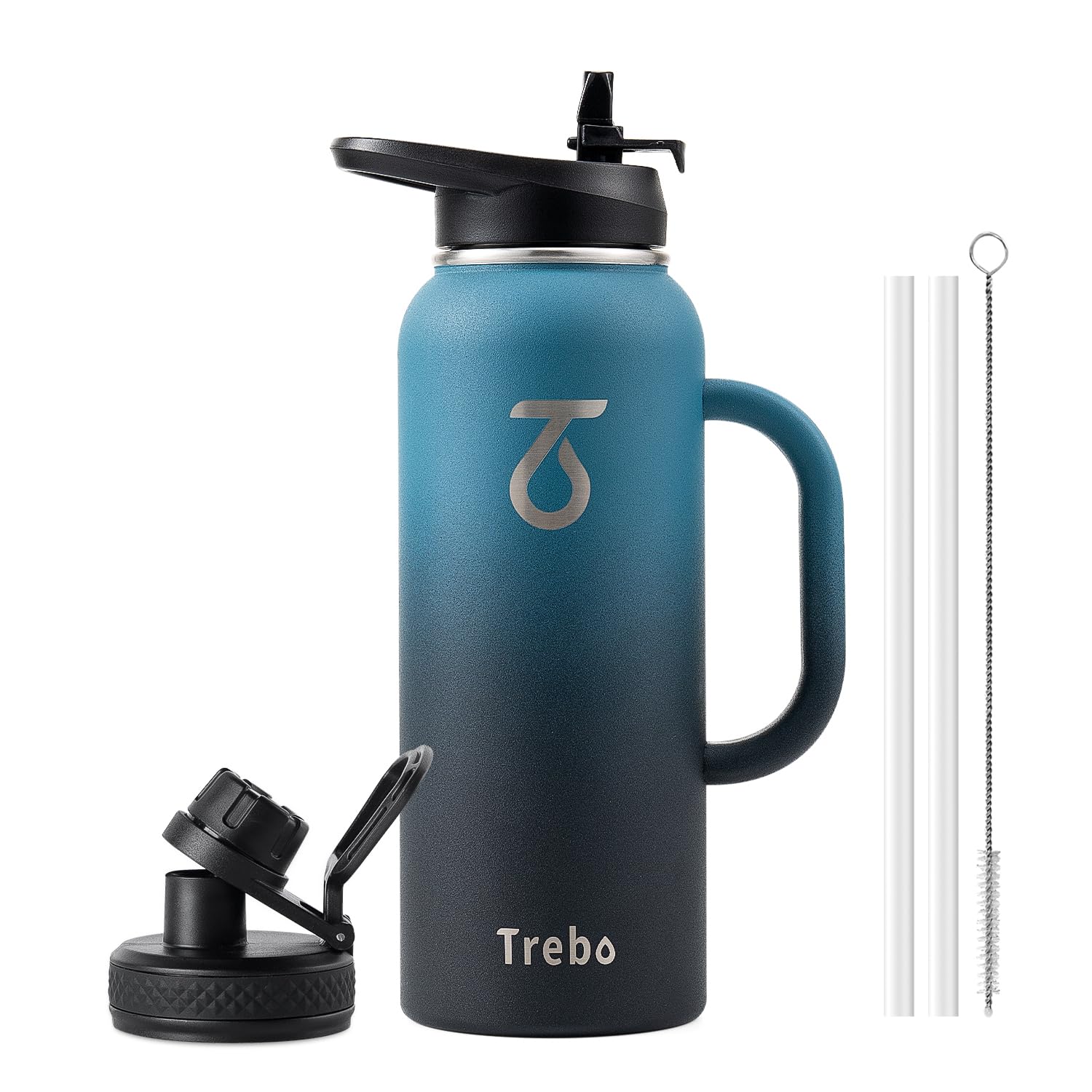Trebo 1.2 L Water Bottle Insulated with Handle, Stainless Steel Metal Large Jug,Travel Flask with Straw Spout Lid,Mug Tumbler Cup with Carry Pouch,Keep Cold Hot, Indigo Black — image 1