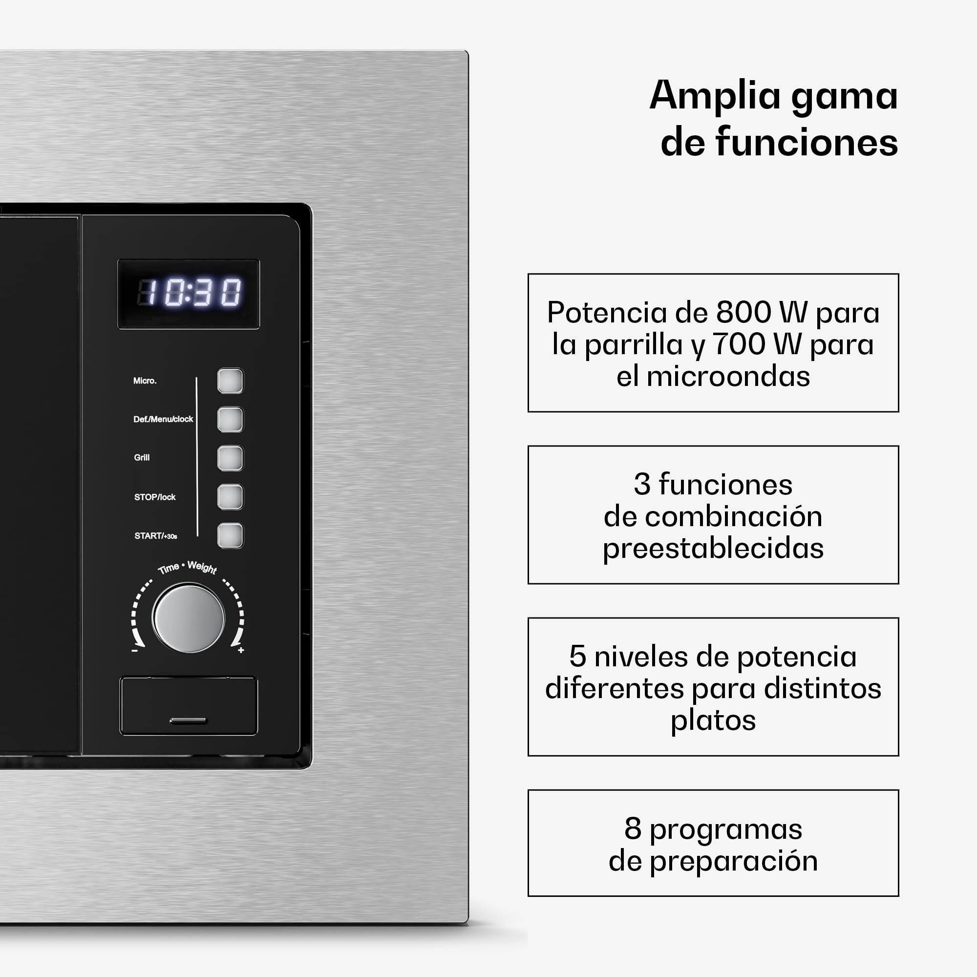 Klarstein Verosteel Microondas Empotrable con Grill – 20L, 700W, 8 Programas, Acero Inoxidable, Control Táctil, Microondas Integrable, Plato Giratorio 25,5cm, Acero Inoxidable