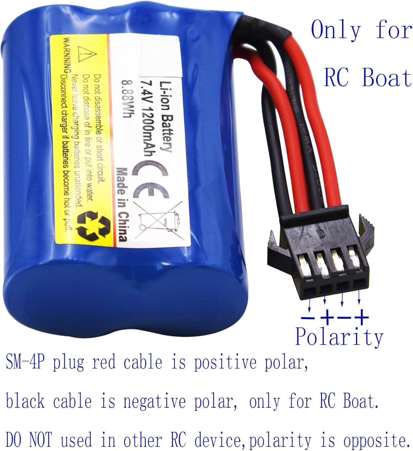 Blomiky 2 Pack 7.4V (2 x 3.7V) 1100mAh Li-ion Rechargeable Battery with SM-4P Connector Plug and USB Cable Replacement fit for HONGXUNJIE HJ808 HJ823 2.4GHz RC Boat / HJ808 Battery 2