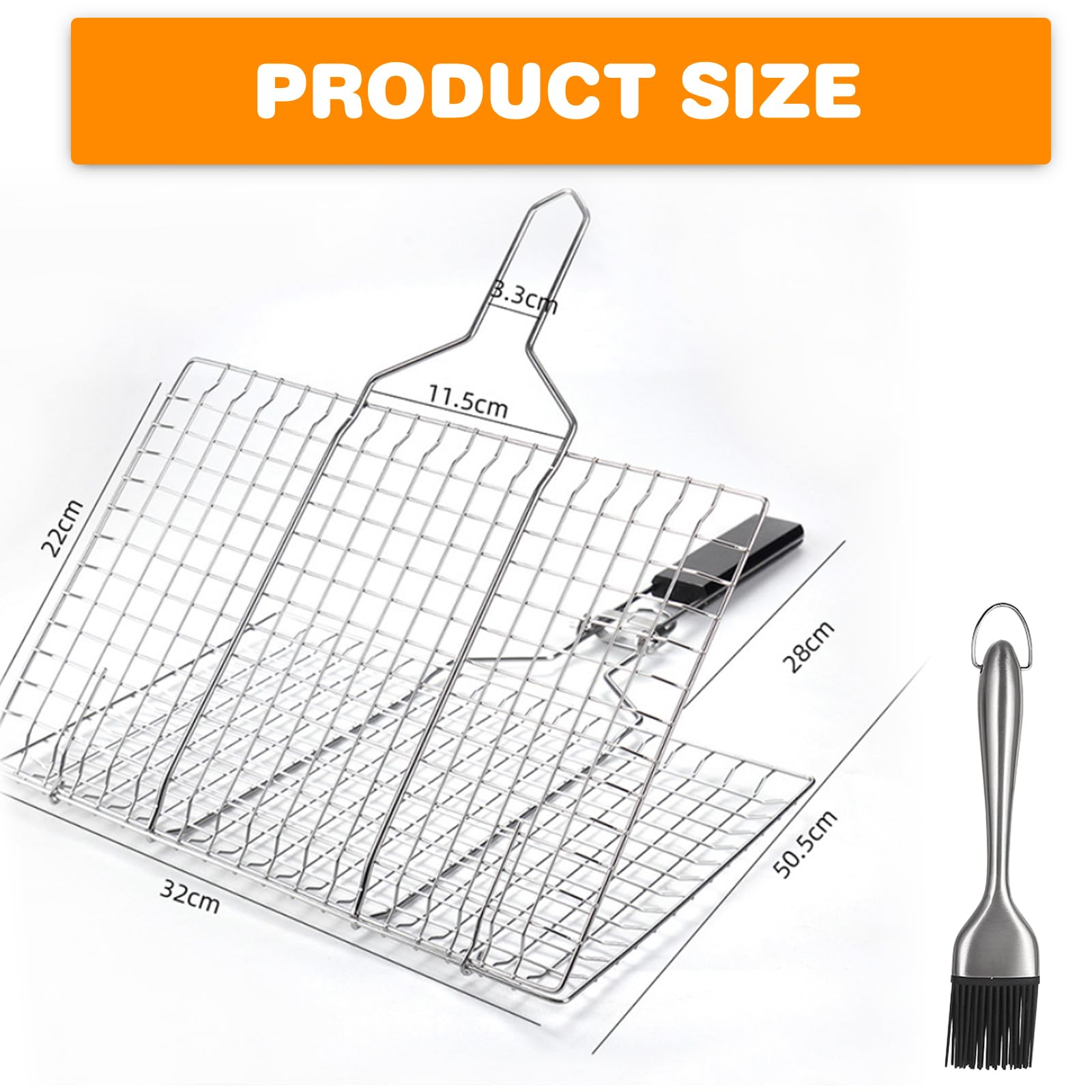 Panier à Rôtir à Poisson, grille de 34 x 32 cm avec brosse en silicone, pince à poisson pliable,Panier de barbecue avec poignée amovible Pour le camping et les grillades poissons légumes crevettes