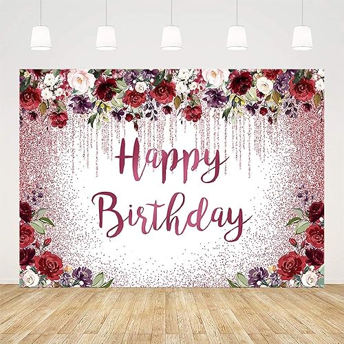 Miniatura 2 de SENDY Telón de fondo de cumpleaños de 8 x 6 pies, suministros para decoración de fiesta de cumpleaños para niña y mujer, color burdeos, rosa,