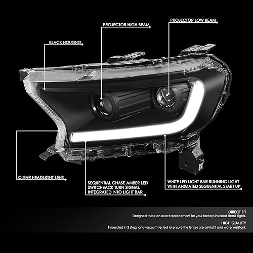 Miniatura 9 de DNA MOTORING HL-HPL-FR19-CH-AM LED DRL secuencial de persecución intermitente, doble proyector cromado, compatible con Ford Ranger XL XLT 2019-2022