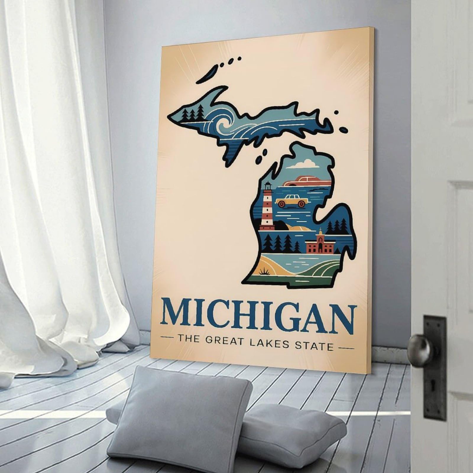 Junmoney Michigan The Great Lakes State Illustration Wall Art Print, 16x24inch(40x60cm), for Wall Displays, Bedrooms Or Room Updates, A Versatile Canvas Print for Layering