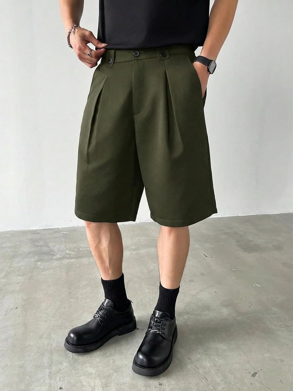 Men's Pleated Dress Shorts Zipper Fly Wide Leg Business Office Work Baggy Bermuda Shorts with Pockets - Image 5