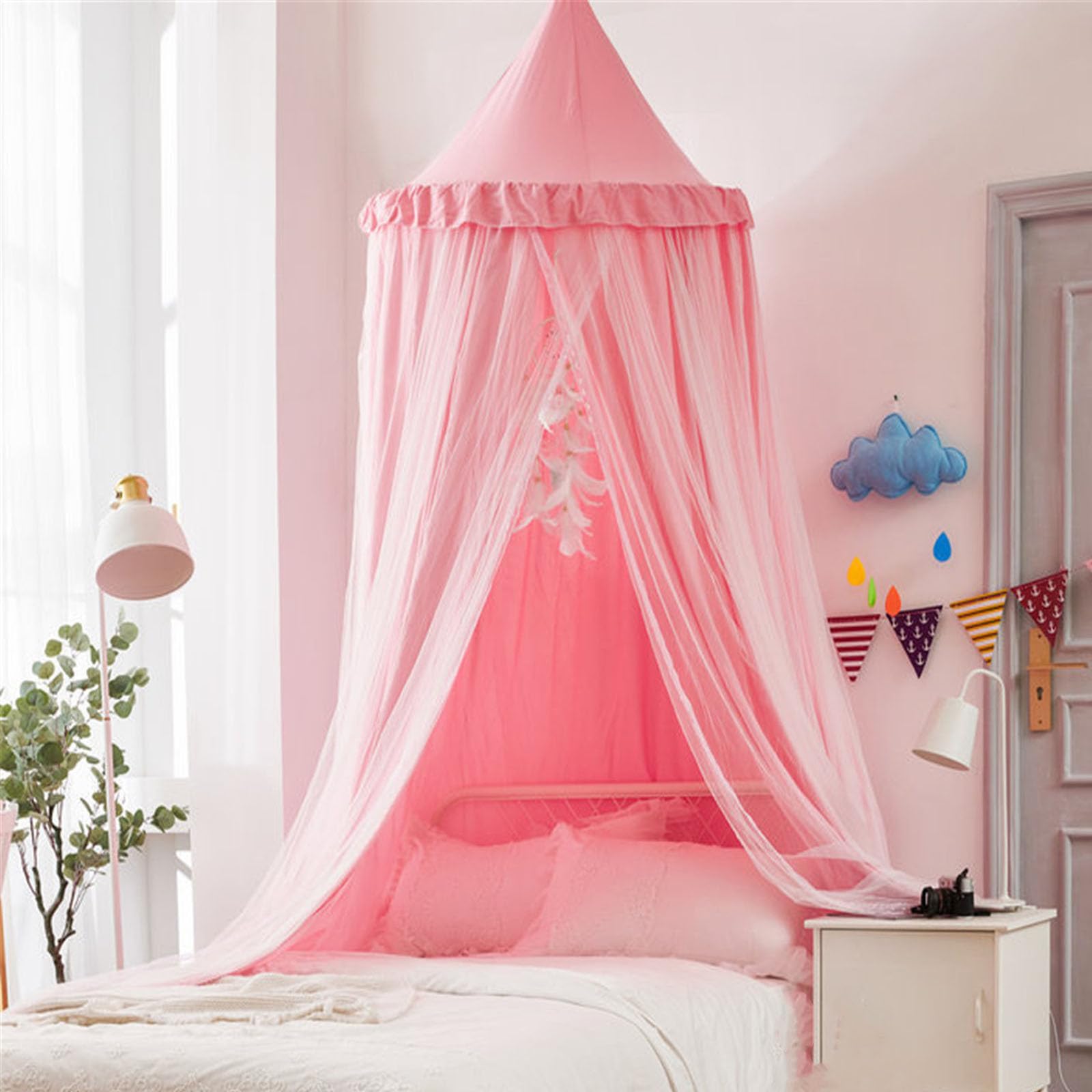 Surwin Ciel de Lit pour Bébé Enfants, Couleur Unie Moustiquaire Rideau Baldaquin Dôme Princesse Tente de Lit, Décoration Chambre à Coucher Dressing Lecture Maison de Jeux - 5 Couleurs (Rose)