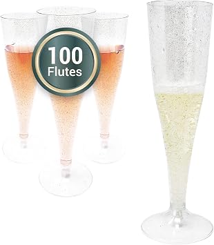 Reli. Champagne Flutes Plastic | 100 Pack | 4.5 oz - Silver Glitter | Premium Plastic Champagne Flutes | Party-Perfect for Celebrations