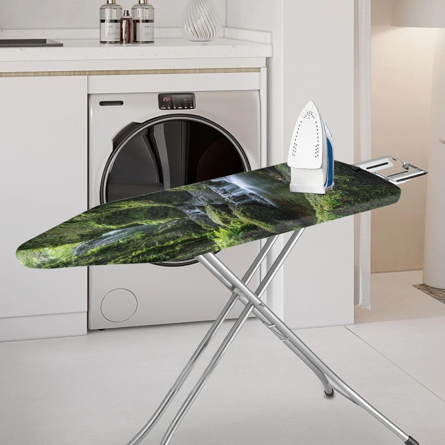 Ironing Board Cover 14x48 Stream Moss Green Iron Board Cover with Padding Heat Reflective,Scorch Resistant Thick Padding,Snug Fit Non-Slip Nose Pocket Fastener Straps Elastic Edges