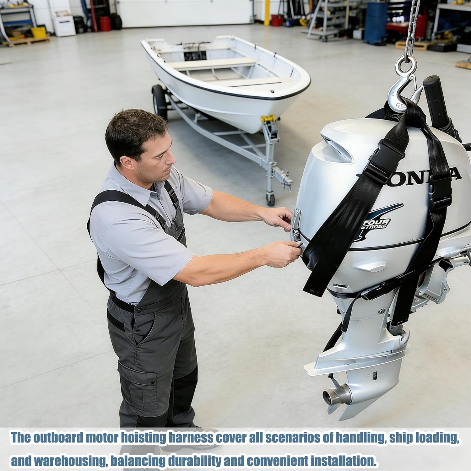 Outboard Motor Hoist Harness, for 2 HP to 30 HP Outboard Engine, High Strength Lift Straps, Universal Outboard Motor Tote Suitable for Most Outboard Engine Models