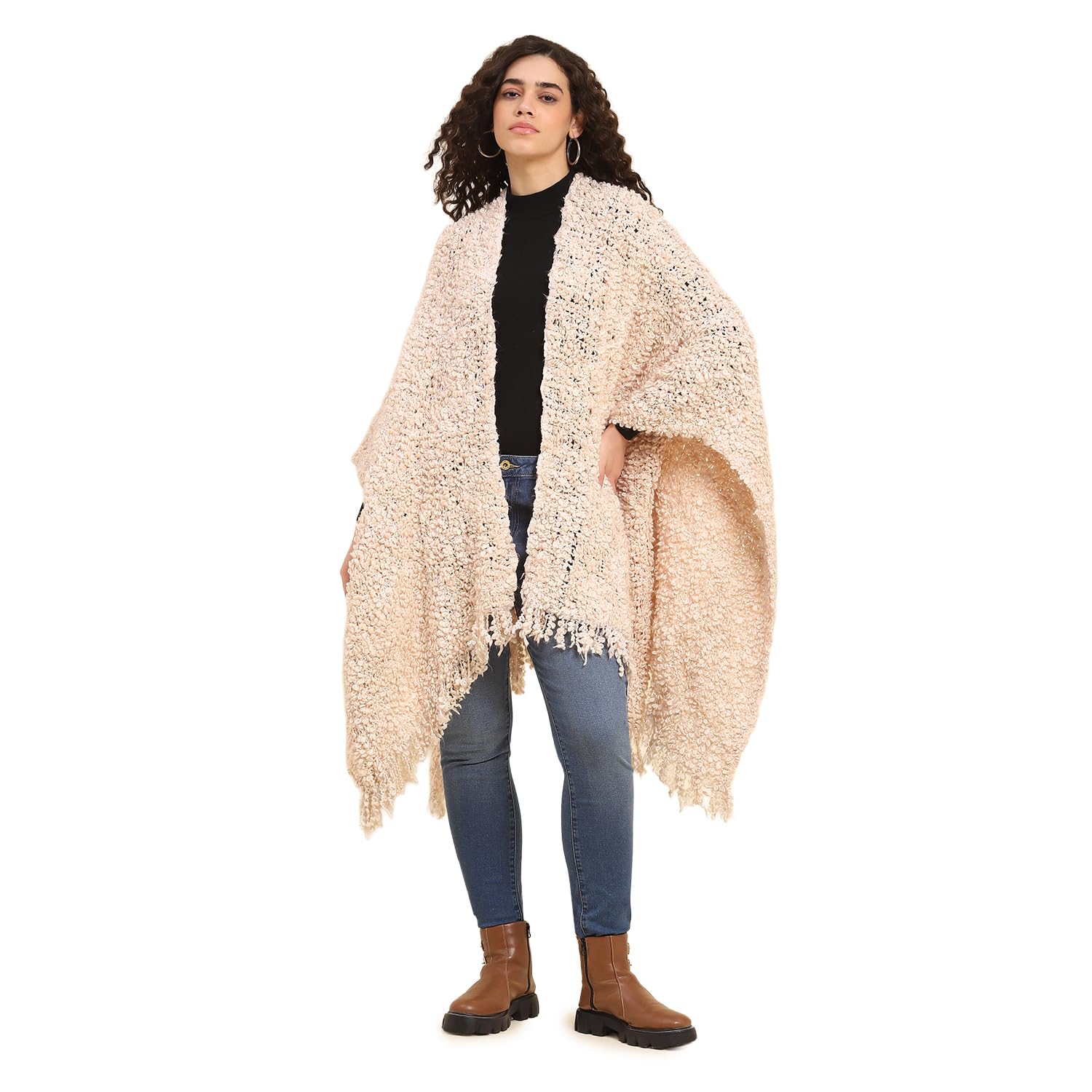 boho girl Pink Winter Cape for Women | Handwoven Bohemian Poncho | Knitted Wrap sweater | Womens Winter Wrap Cardigan-picture-19
